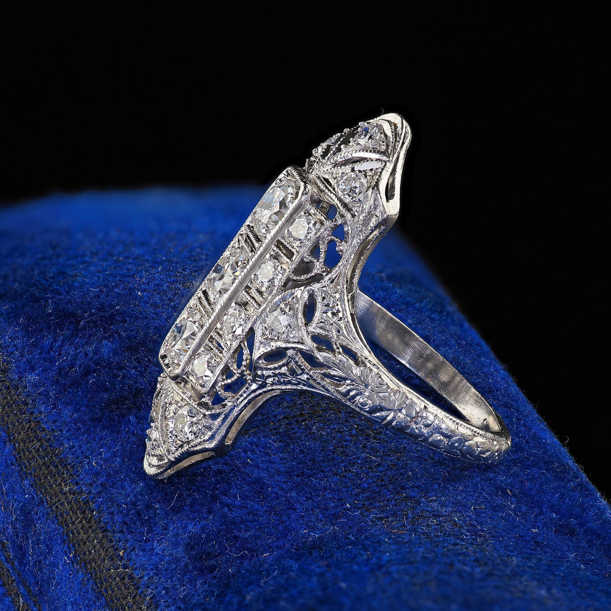 Women's Antique Platinum Old European Cut Diamond Filigree Cocktail Shield Ring For Sale