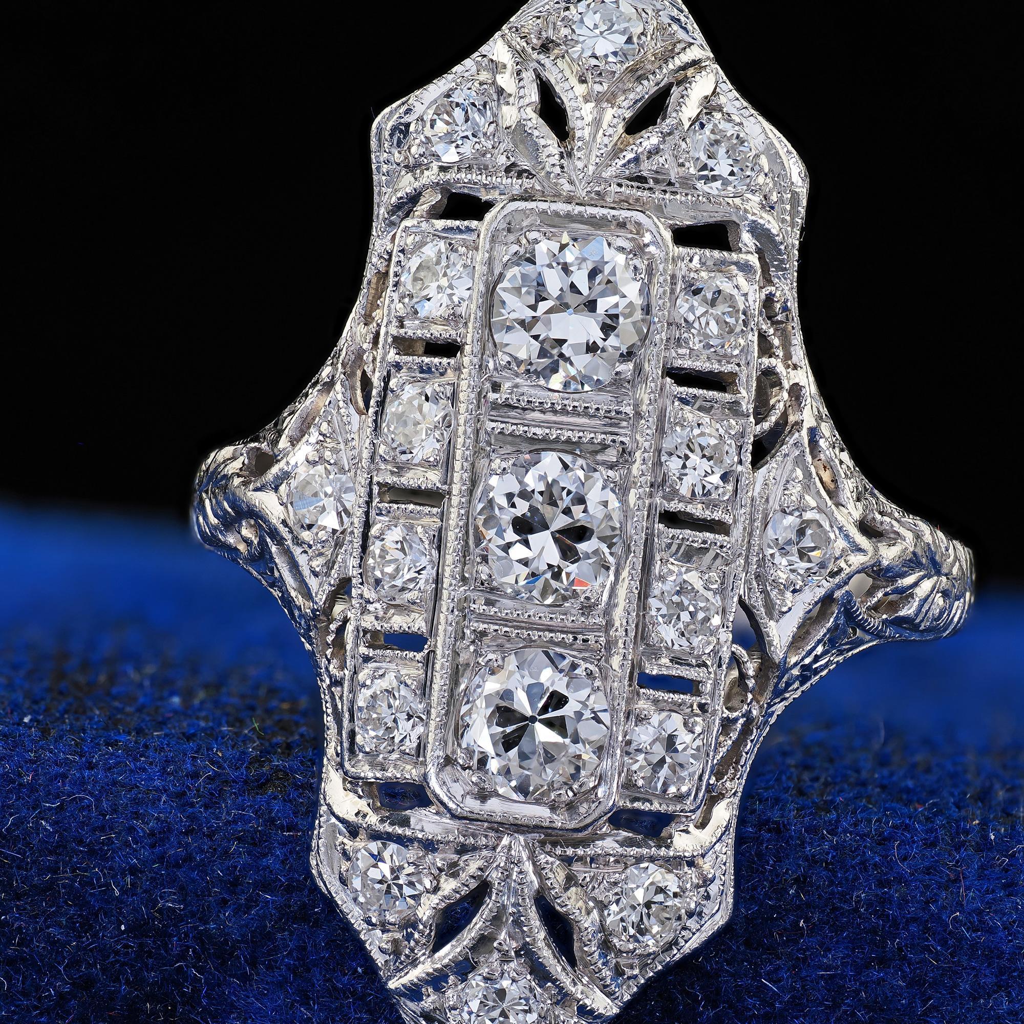 Antique Platinum Old European Cut Diamond Filigree Cocktail Shield Ring For Sale 1
