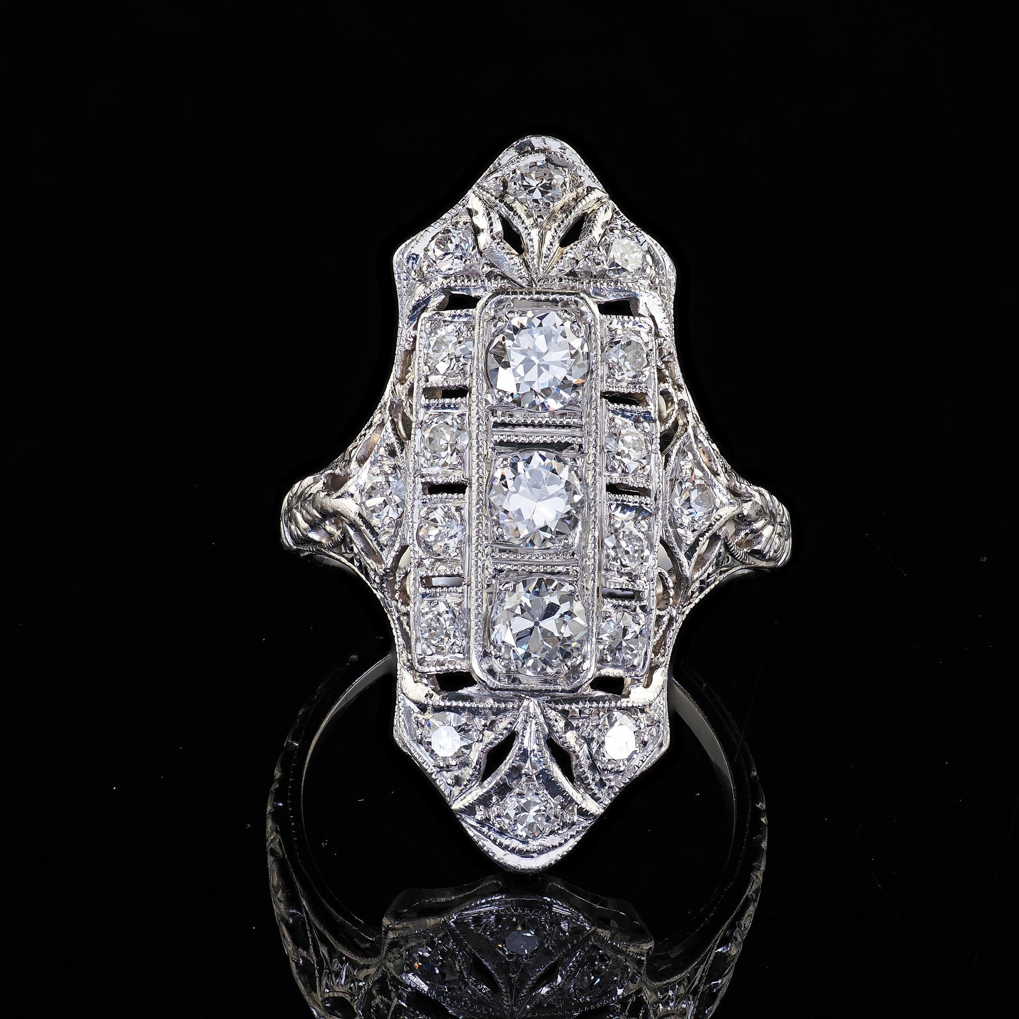 Antique Platinum Old European Cut Diamond Filigree Cocktail Shield Ring For Sale 2