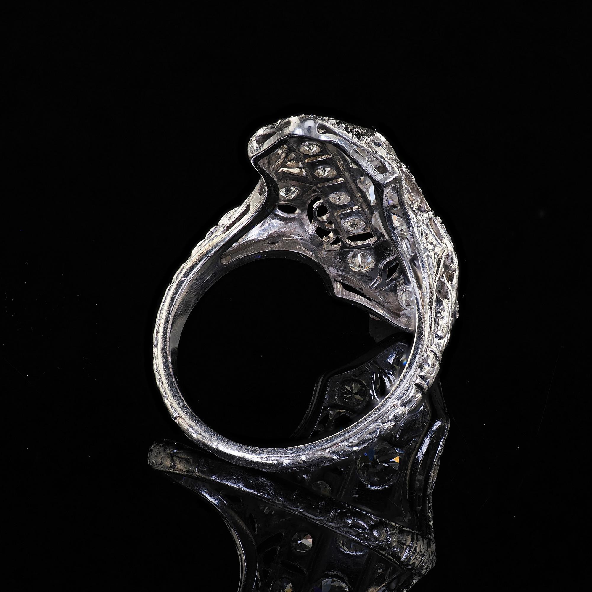 Antique Platinum Old European Cut Diamond Filigree Cocktail Shield Ring For Sale 3