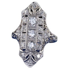 Bague cocktail bouclier filigrane en platine antique avec diamant taille européenne ancienne