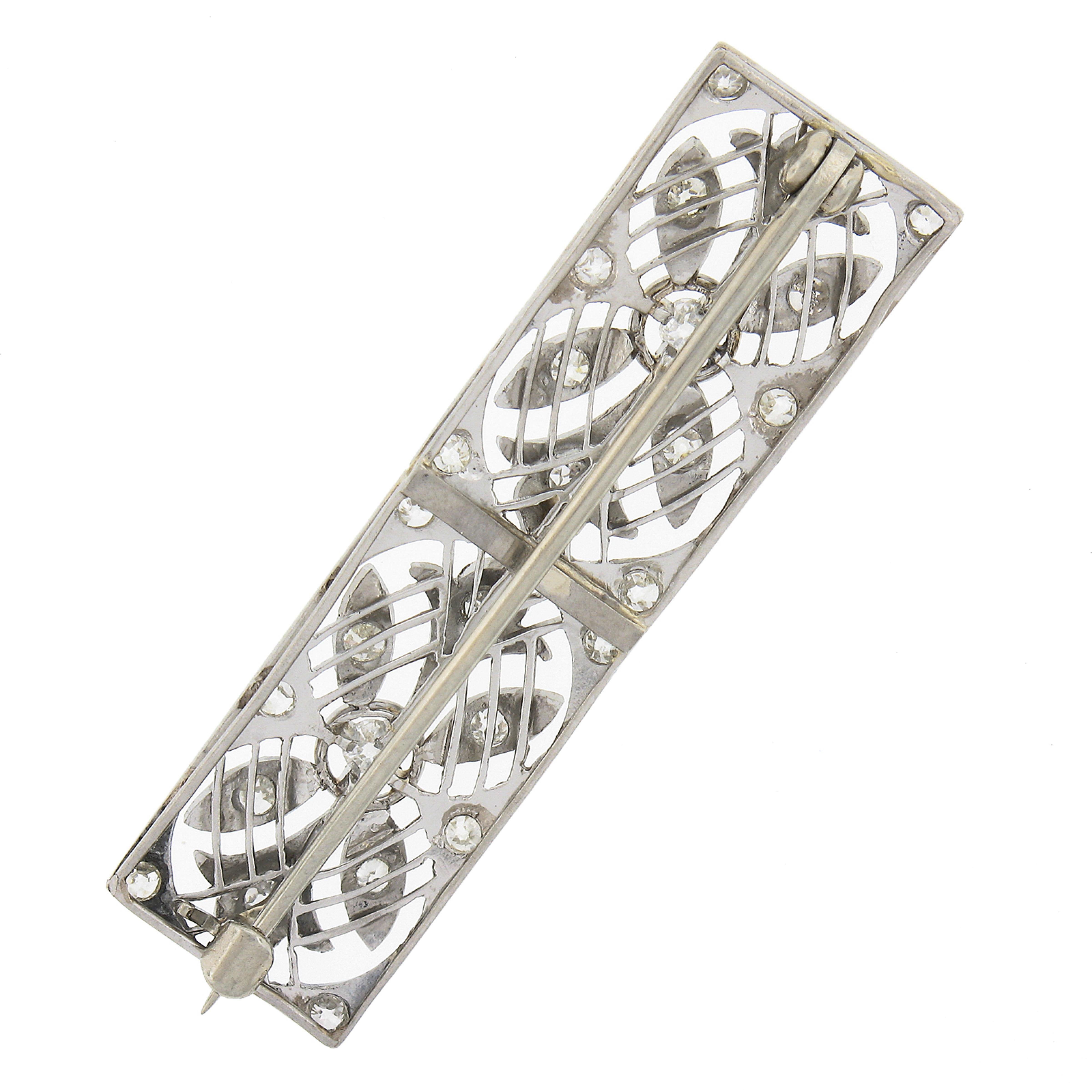 Antique Platinum Old European Cut Diamond Floral Open Rectangular Bar Brooch Pin In Good Condition In Montclair, NJ