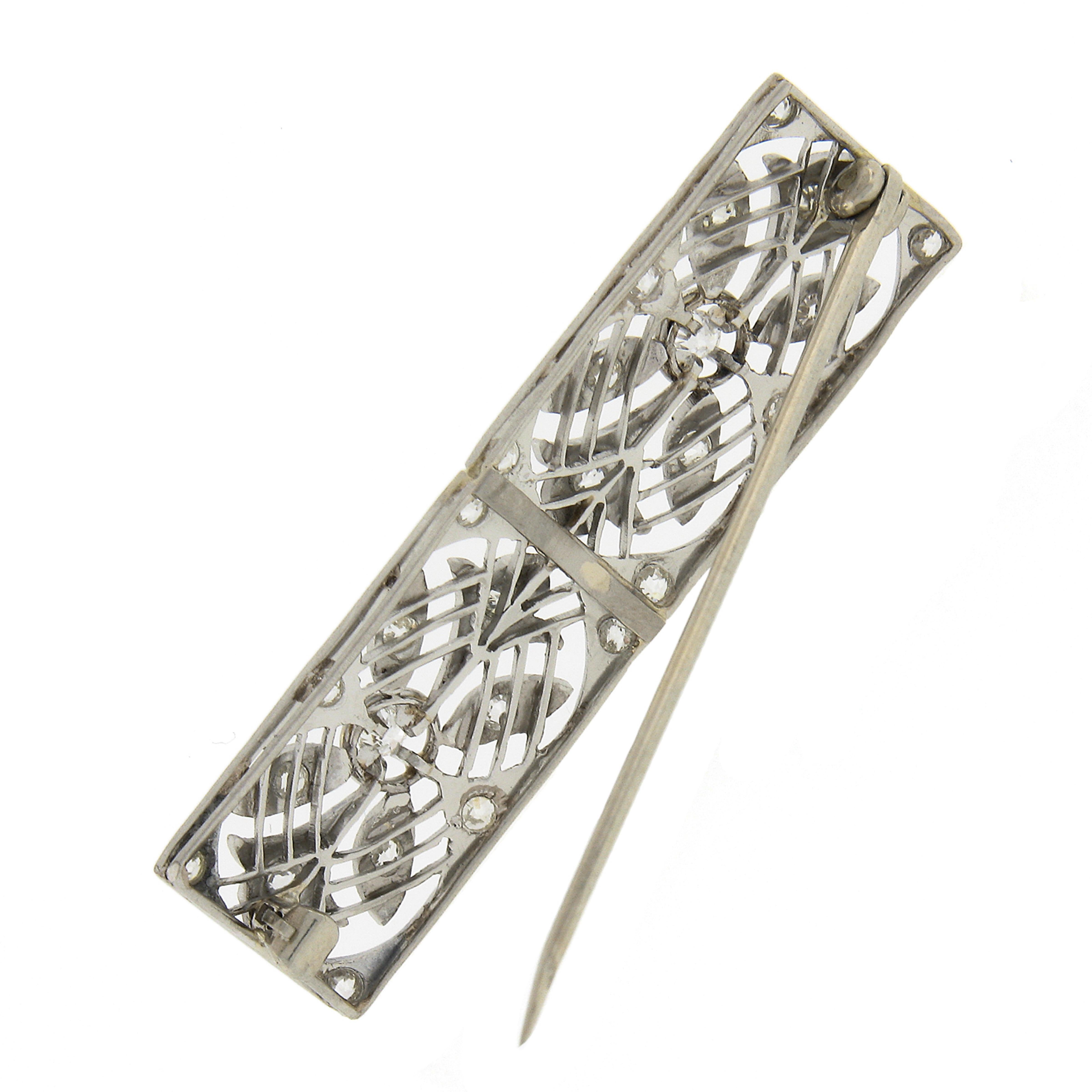 Women's Antique Platinum Old European Cut Diamond Floral Open Rectangular Bar Brooch Pin