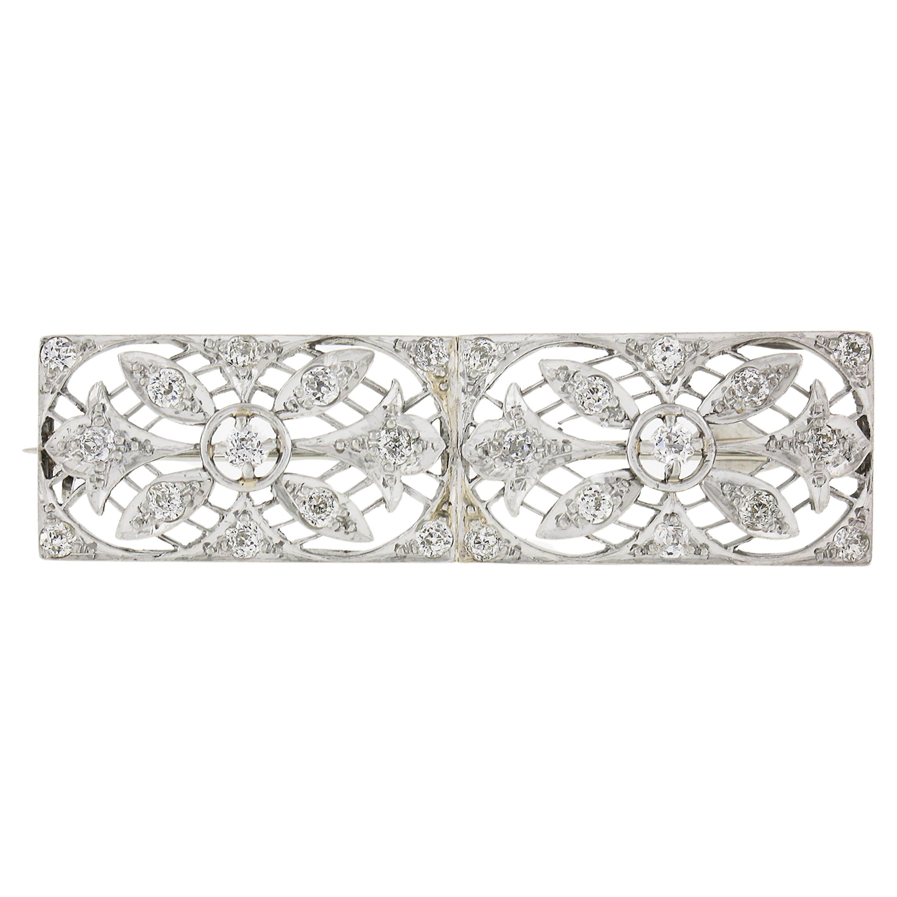Antique Platinum Old European Cut Diamond Floral Open Rectangular Bar Brooch Pin