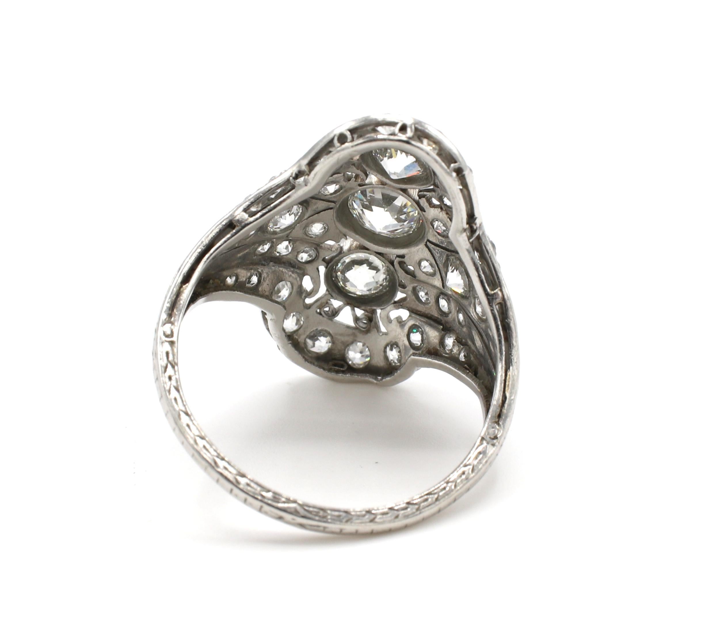 Art Deco Antique Platinum Old European Cut Diamond Navette Cocktail Ring