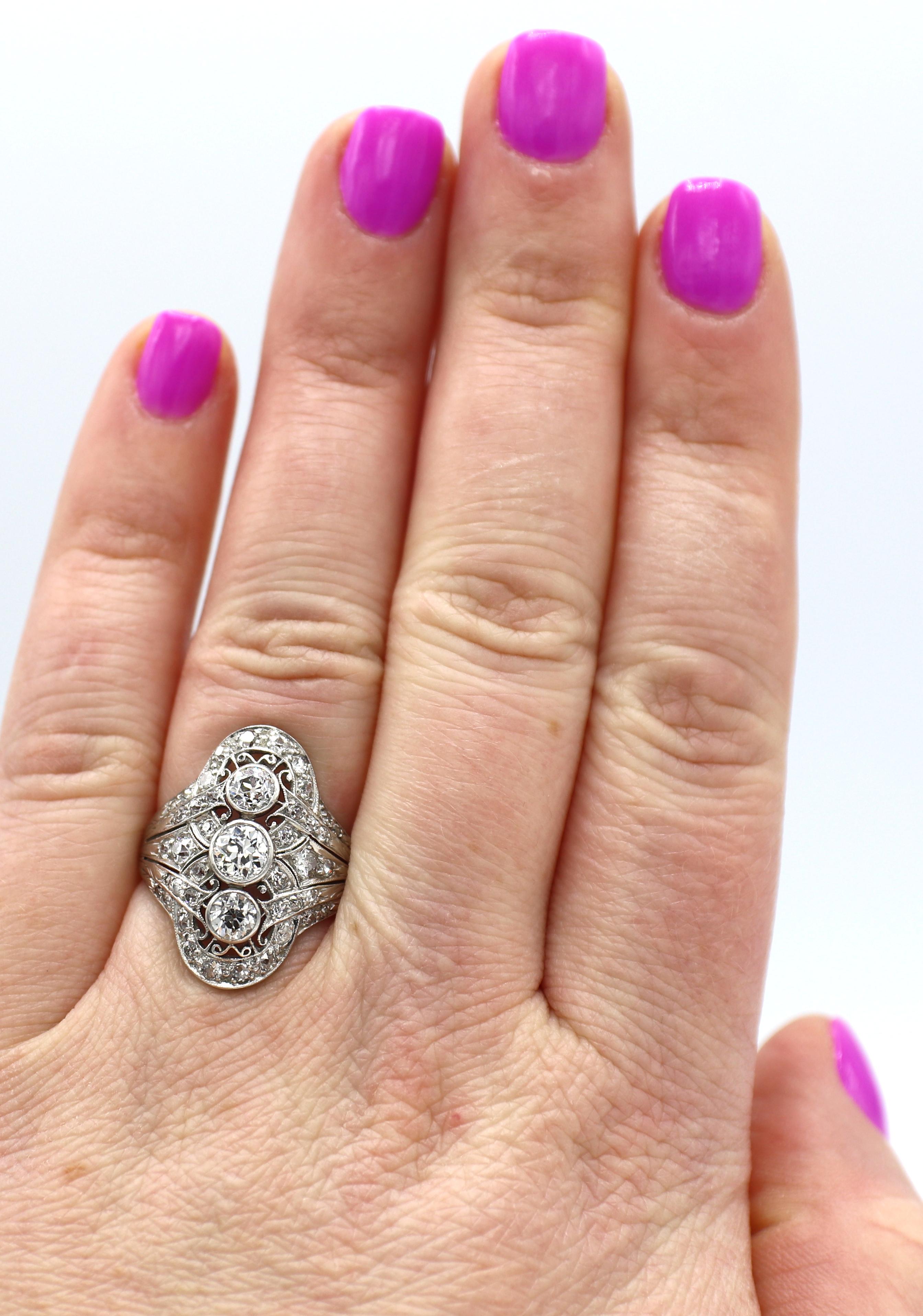 Women's Antique Platinum Old European Cut Diamond Navette Cocktail Ring