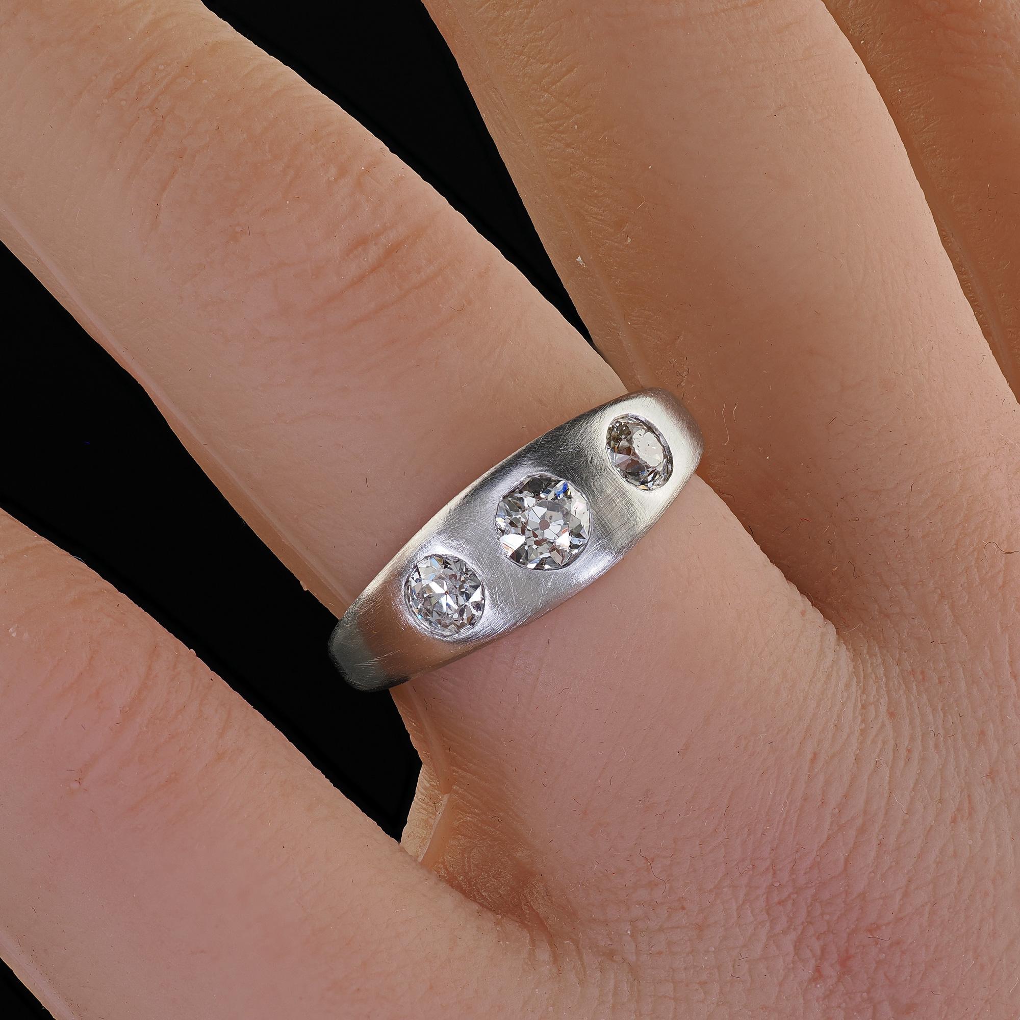 Antique Platinum Old European Cut Diamond Three Stone Flush Set Ring For Sale 5