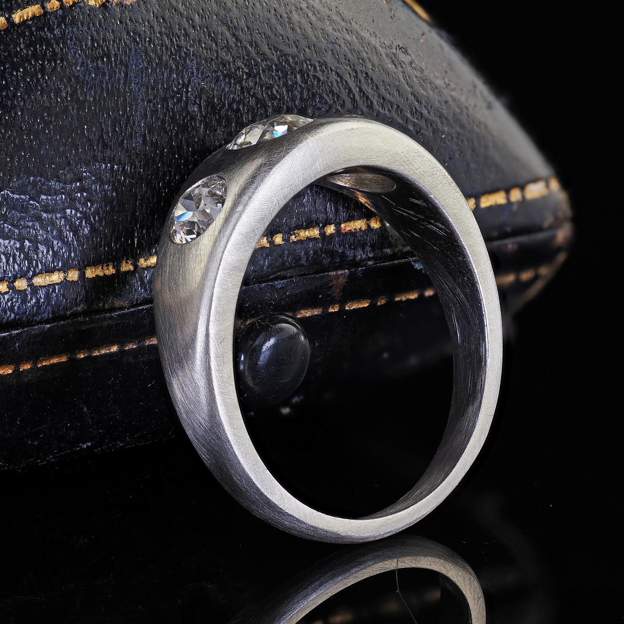 Art Deco Antique Platinum Old European Cut Diamond Three Stone Flush Set Ring For Sale