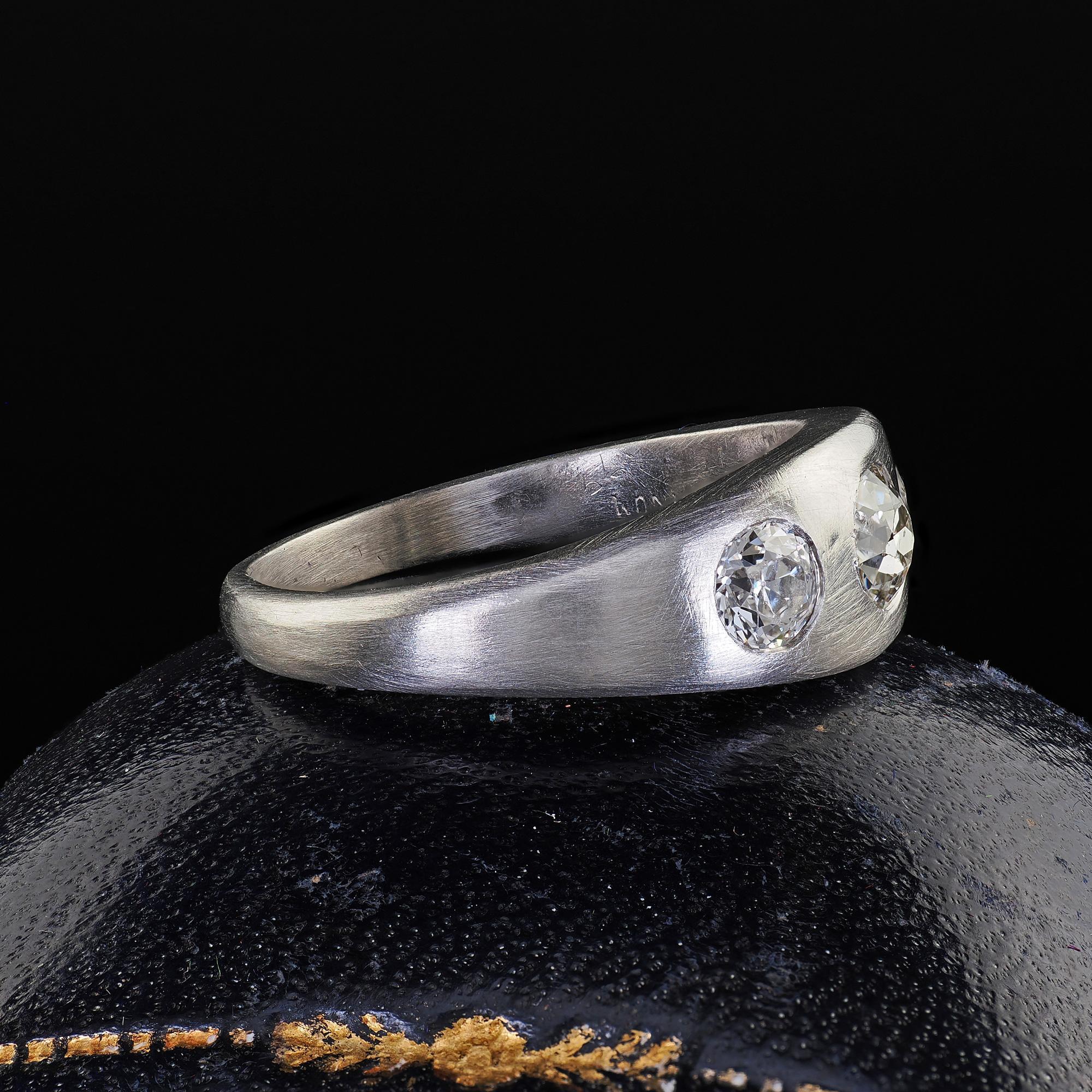 Antique Platinum Old European Cut Diamond Three Stone Flush Set Ring In Good Condition For Sale In Great Neck, NY
