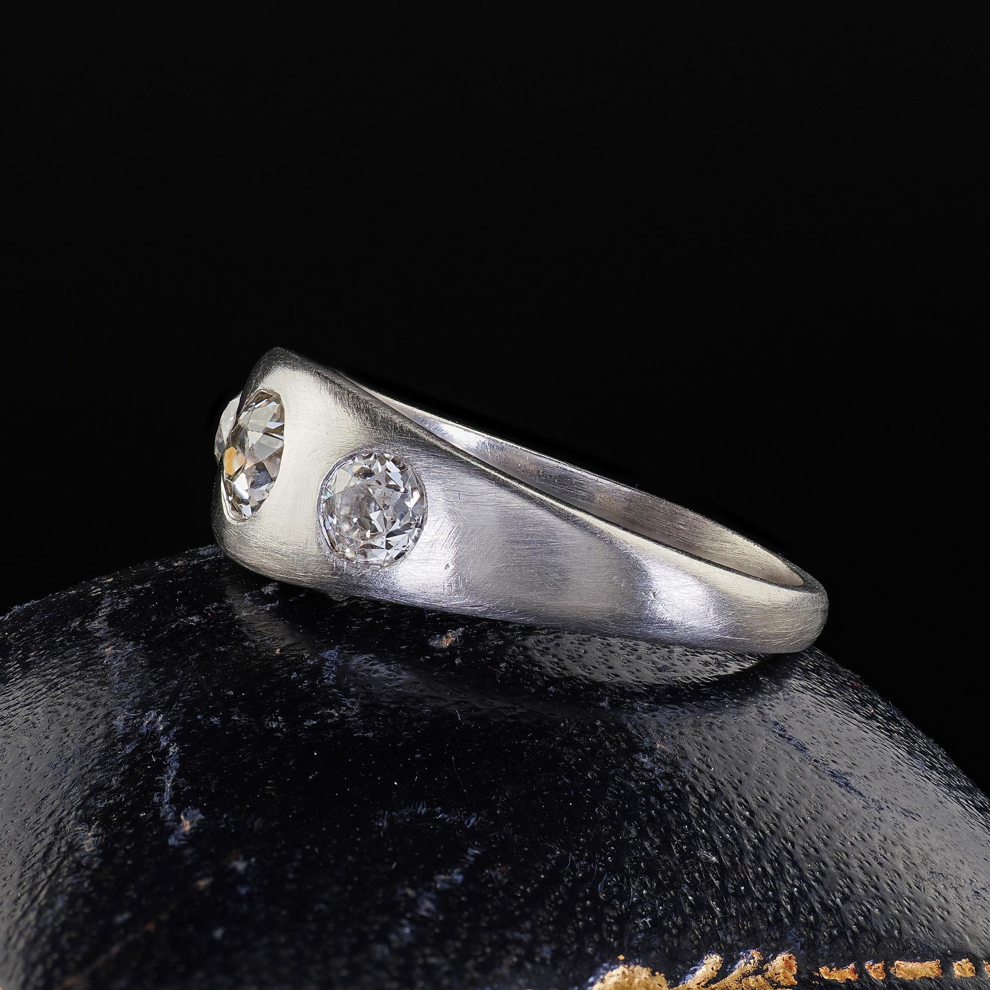 Women's Antique Platinum Old European Cut Diamond Three Stone Flush Set Ring For Sale