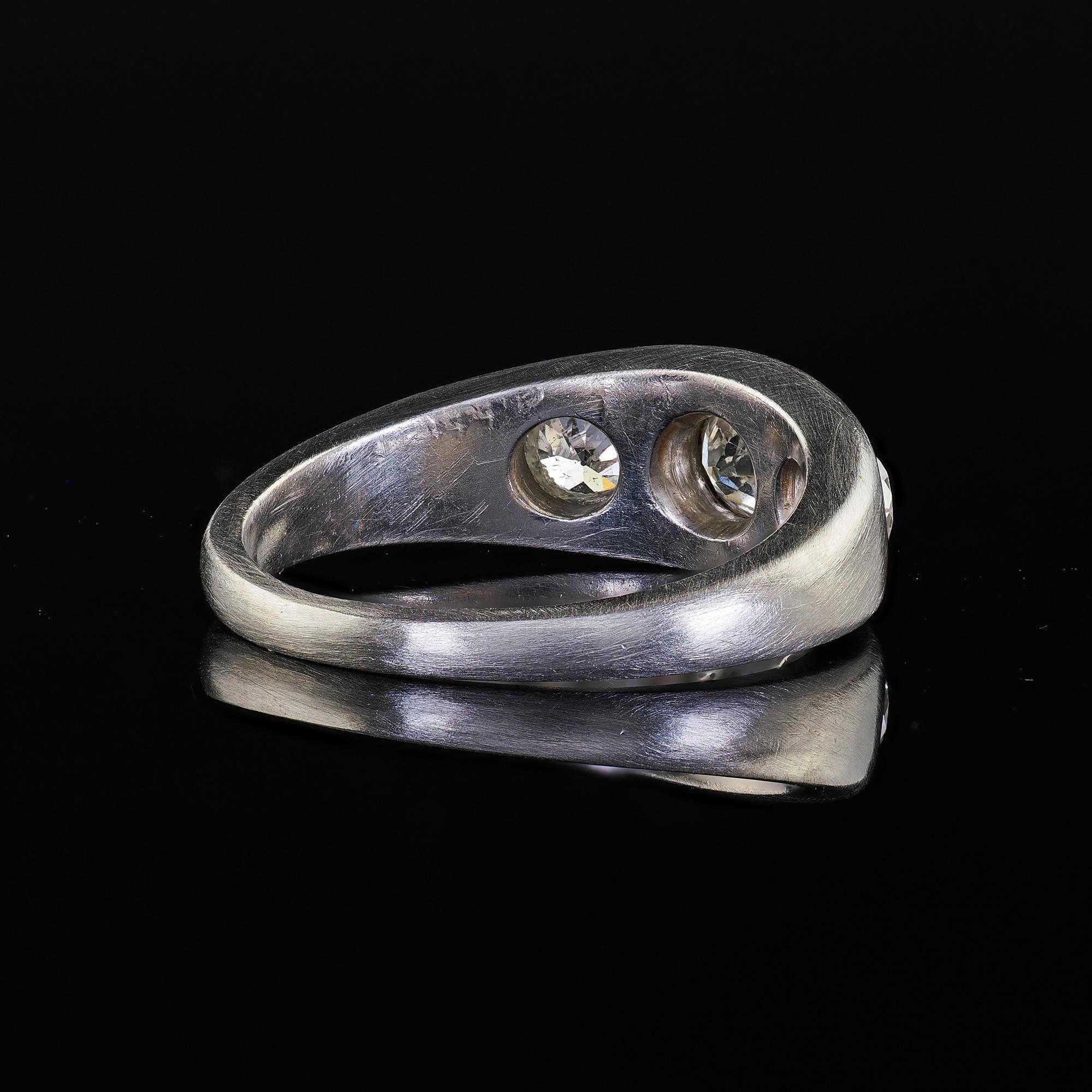 Antique Platinum Old European Cut Diamond Three Stone Flush Set Ring For Sale 3