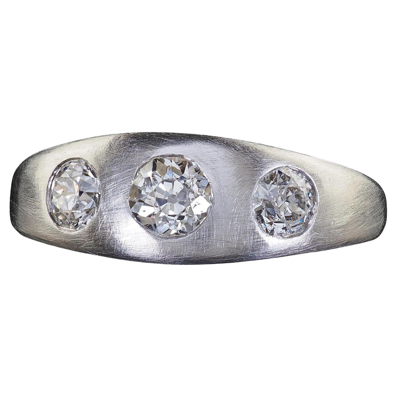 Antique Platinum Old European Cut Diamond Three Stone Flush Set Ring For Sale