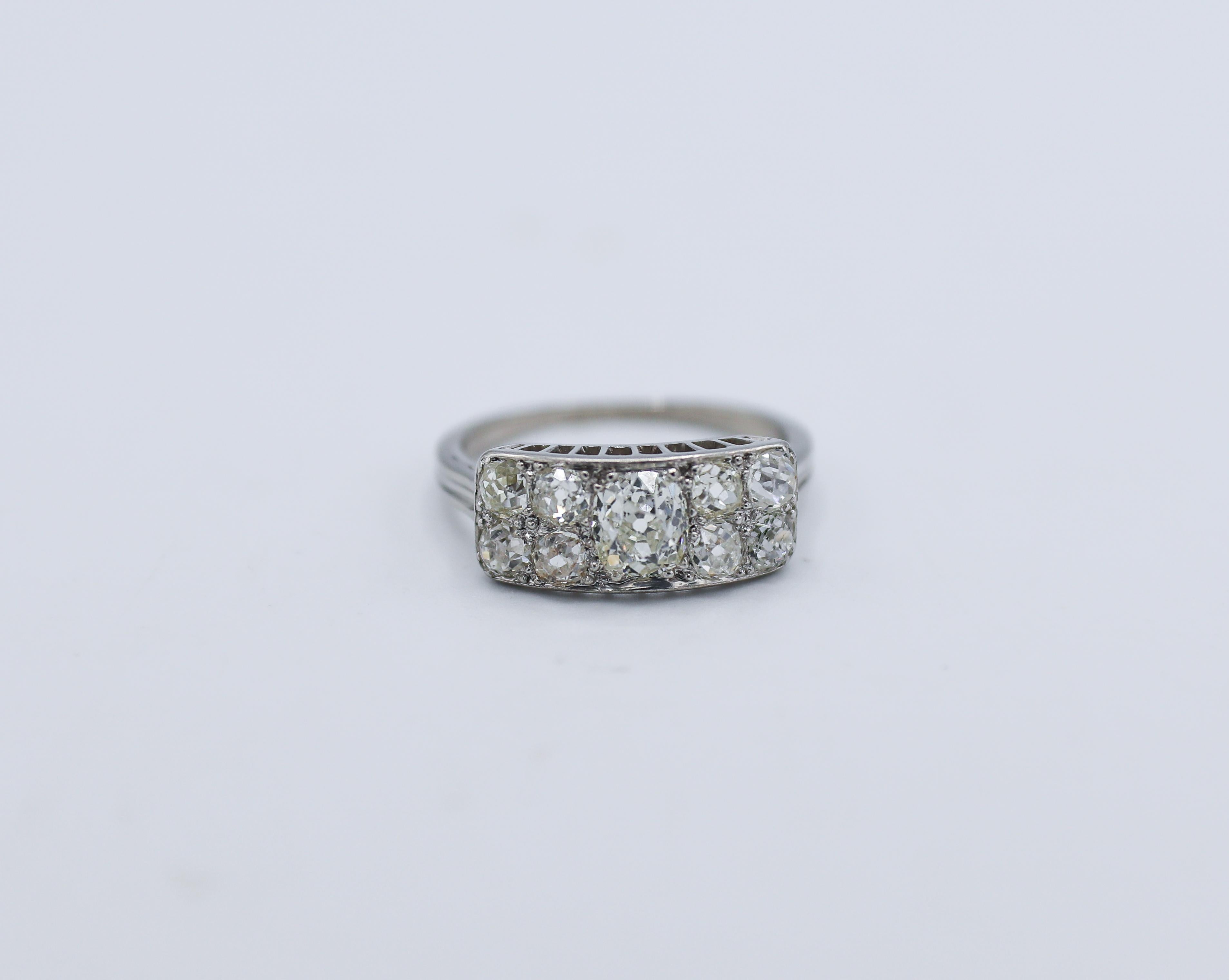 Antique Platinum Old Mine Cut Diamond Cluster Ring In Excellent Condition In  Baltimore, MD