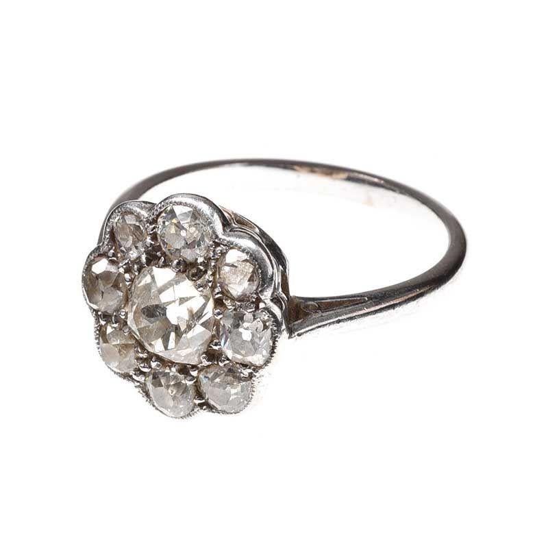 British Antique Platinum Old Mine Cut Diamond Daisy Cluster Ring For Sale