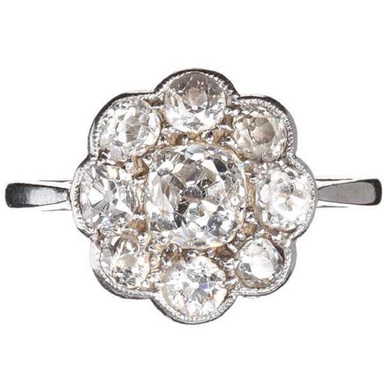 Antique Platinum Old Mine Cut Diamond Daisy Cluster Ring For Sale