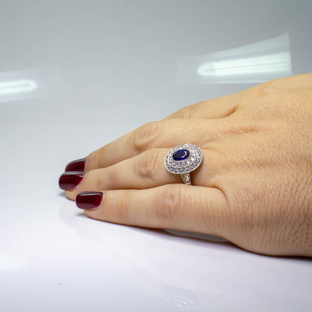 Antique Platinum Oval Sapphire and Diamond Double Halo Art Deco Ring In Excellent Condition For Sale In Scottsdale, AZ