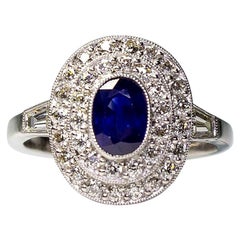 Antique Platinum Oval Sapphire and Diamond Double Halo Art Deco Ring