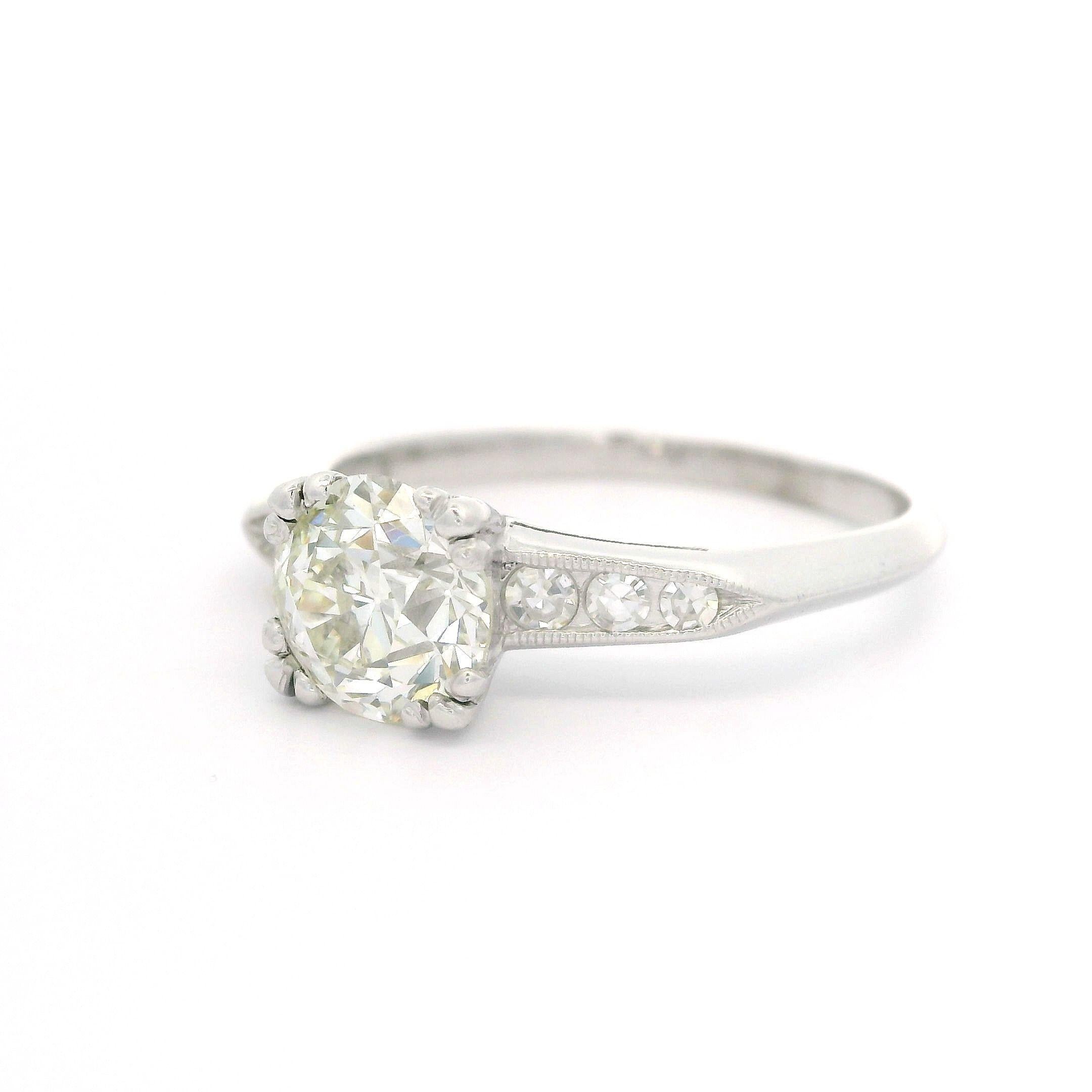 Antique Platinum Palladium GIA 1.53ctw Old European Diamond Engagement Ring For Sale 5