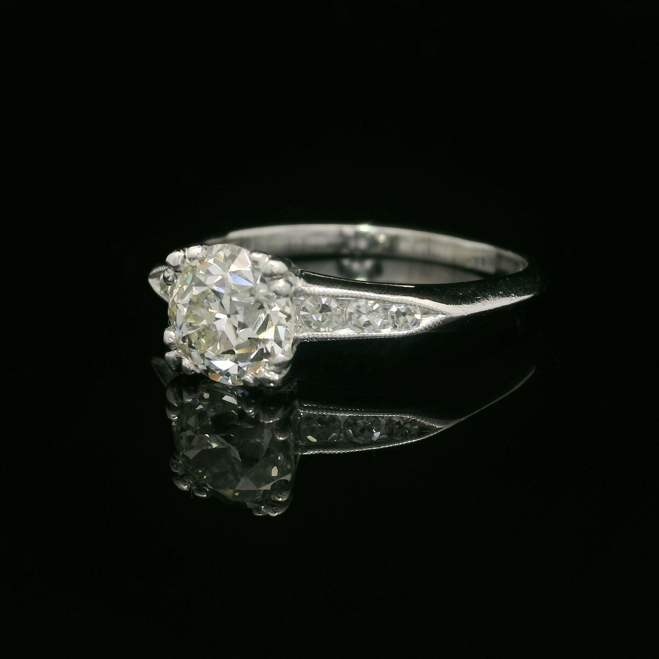 --Stone(s):--
(1) Natural Genuine Diamond - Old European Cut - Prong Set - K Color - VS1 Clarity - 1.39ct (exact - certified)
** See Certification Details Below for Complete Info **
(6) Natural Genuine Diamonds - Old Single Cut - Milgrain Channel