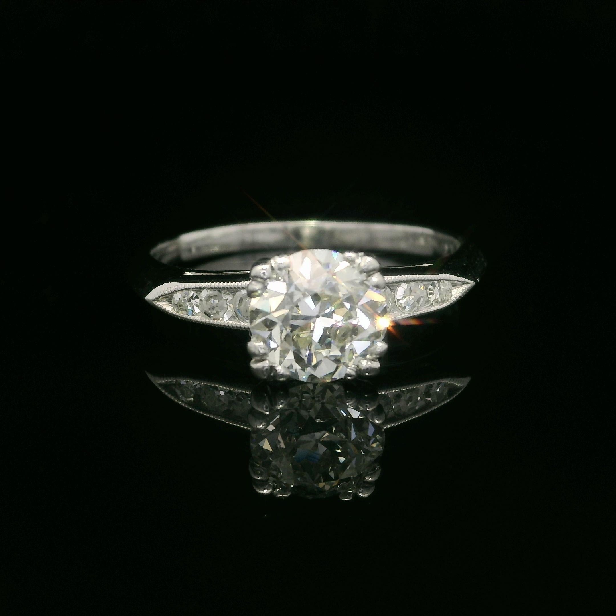 Antique Platinum Palladium GIA 1.53ctw Old European Diamond Engagement Ring In Good Condition For Sale In Montclair, NJ