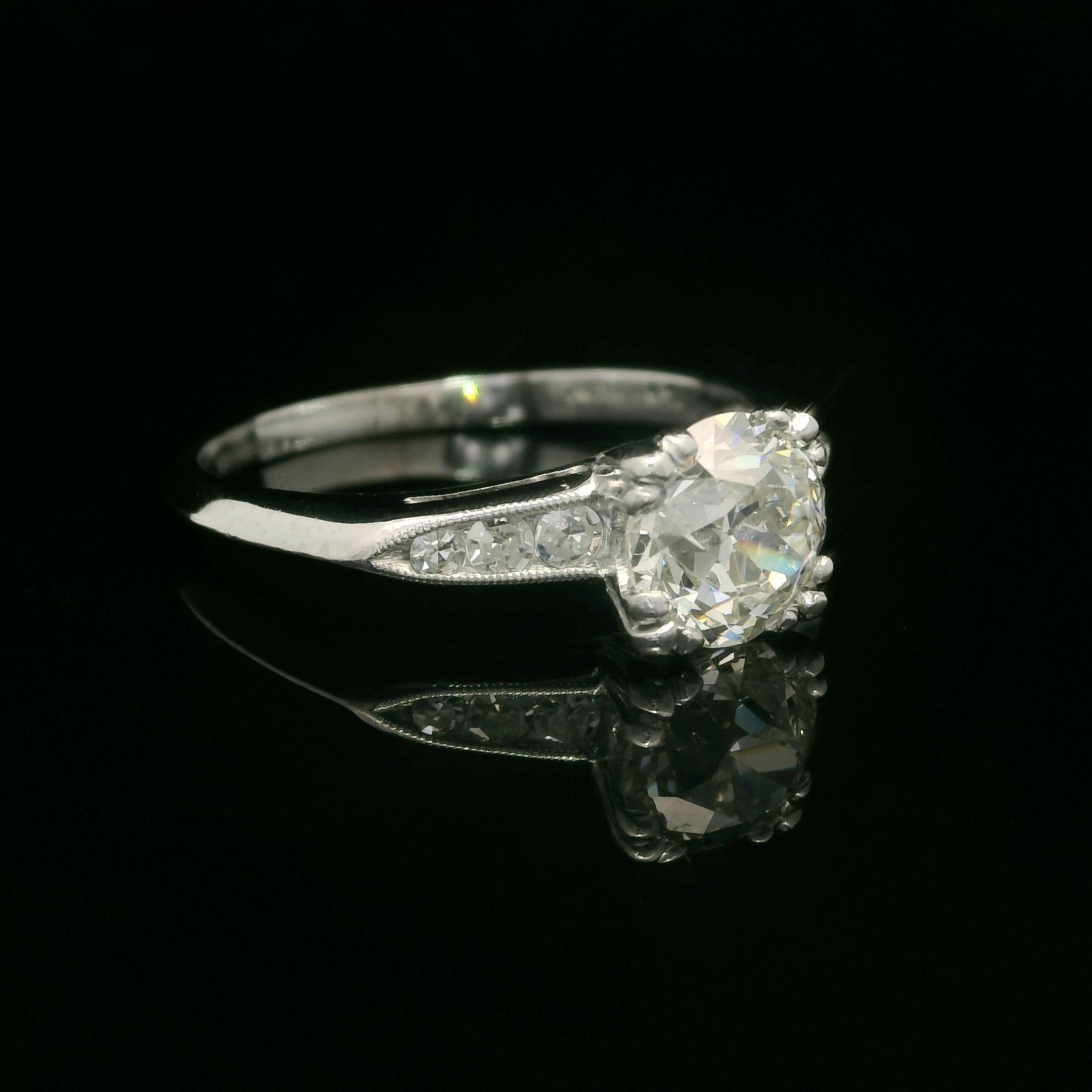 Women's Antique Platinum Palladium GIA 1.53ctw Old European Diamond Engagement Ring For Sale