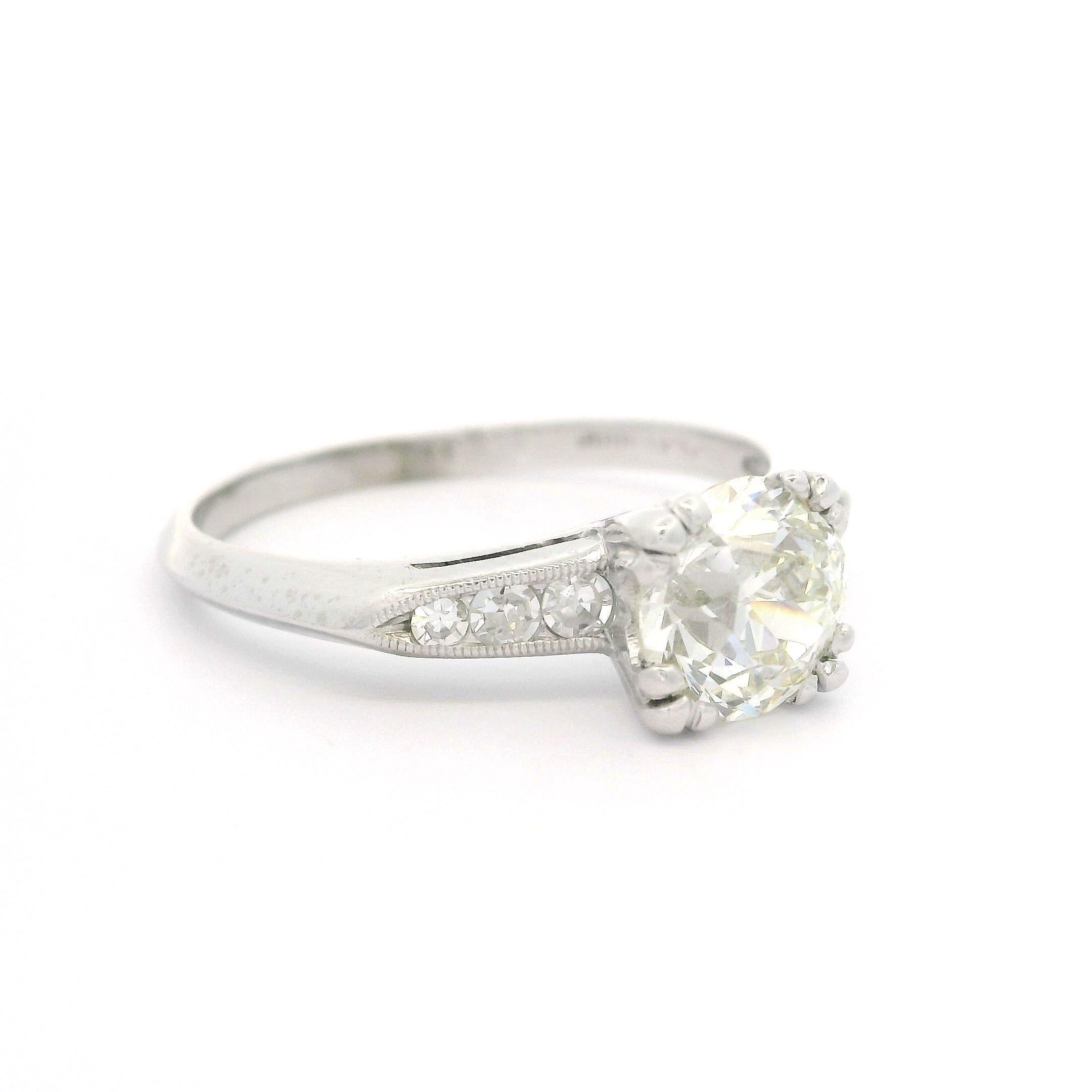 Antique Platinum Palladium GIA 1.53ctw Old European Diamond Engagement Ring For Sale 1