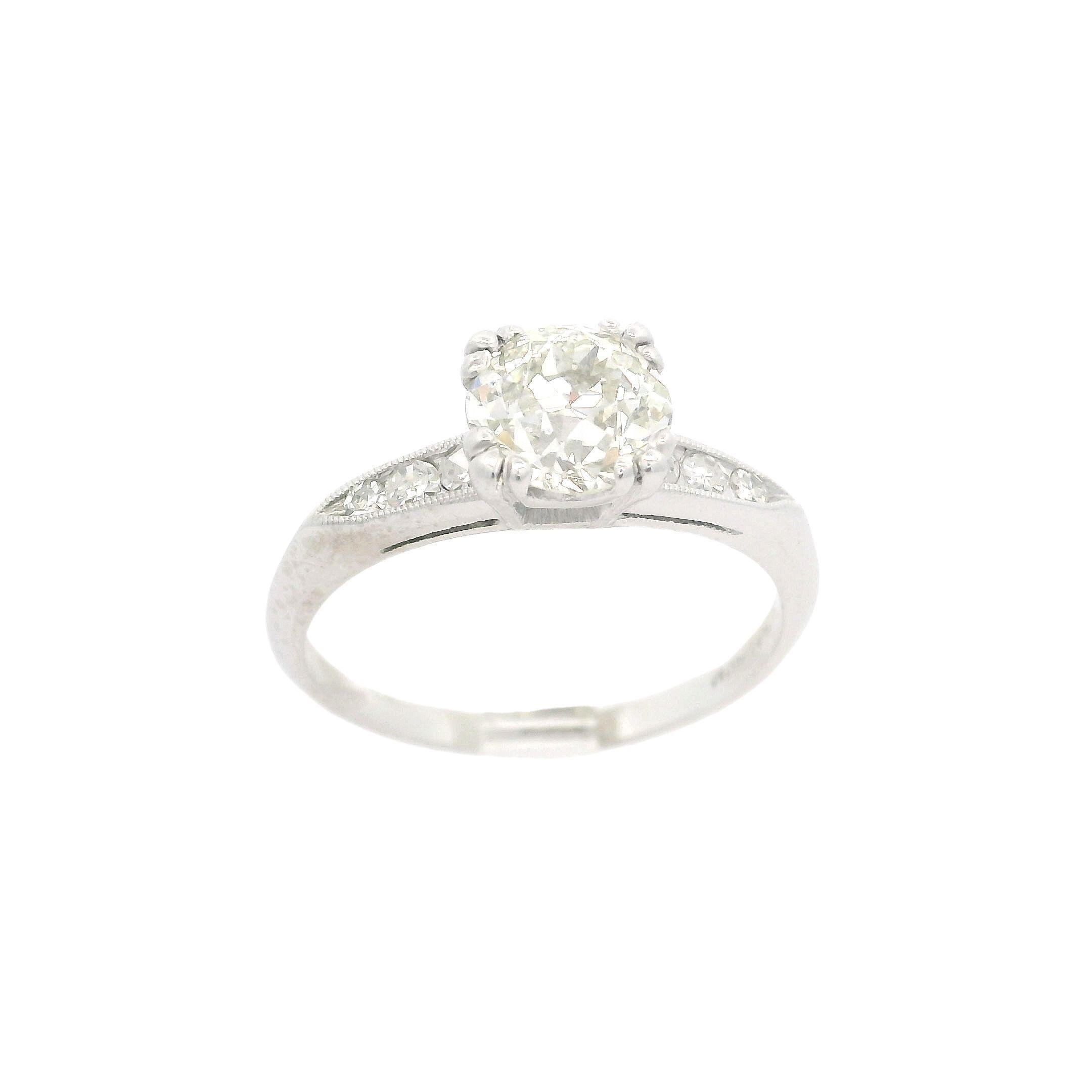 Antique Platinum Palladium GIA 1.53ctw Old European Diamond Engagement Ring For Sale 2