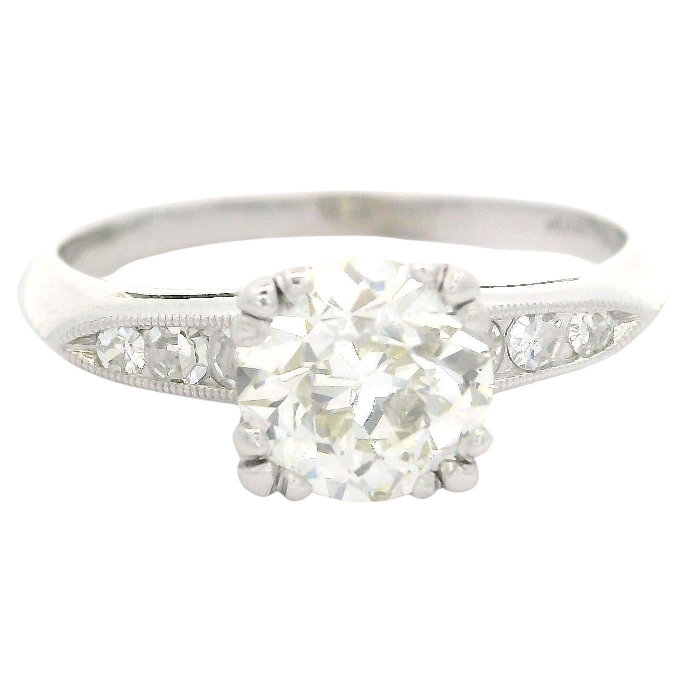 Antique Platinum Palladium GIA 1.53ctw Old European Diamond Engagement Ring For Sale