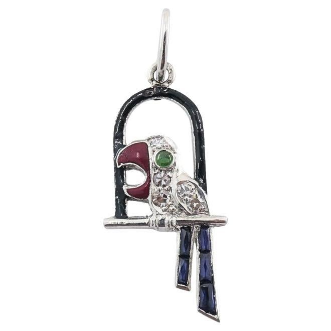Antique Platinum Parrot Charm Gemstone Diamond Accents For Sale
