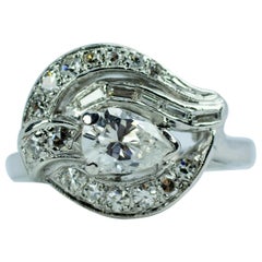 Antique Platinum Pear Shape Center w/ Baguette & Round Diamond Ring