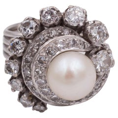 Antique Platinum, Pearl and Round Cut Diamond Ring, 1940s