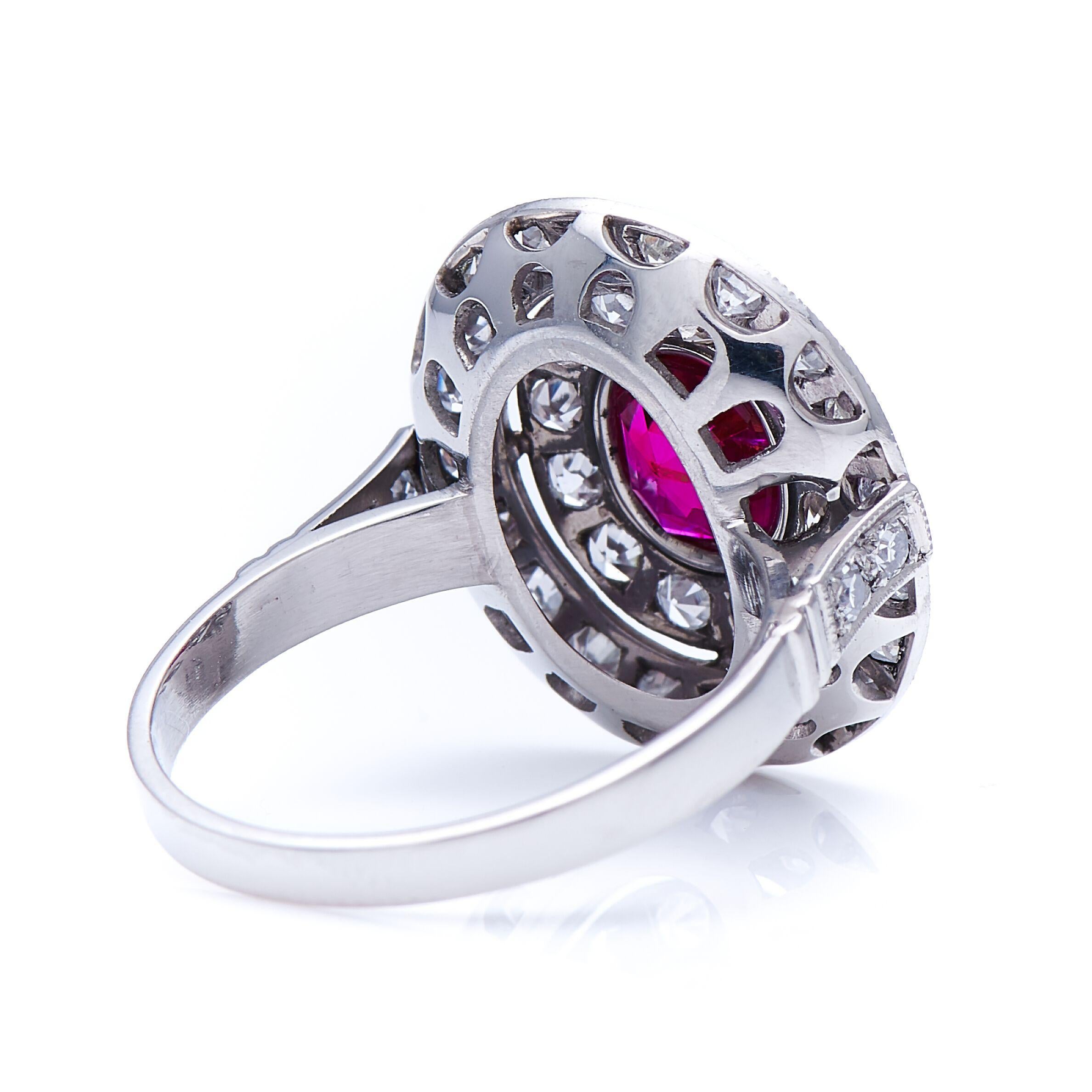 Old European Cut Vintage, Platinum, Rare Natural Burmese Ruby and Diamond Cluster Ring For Sale
