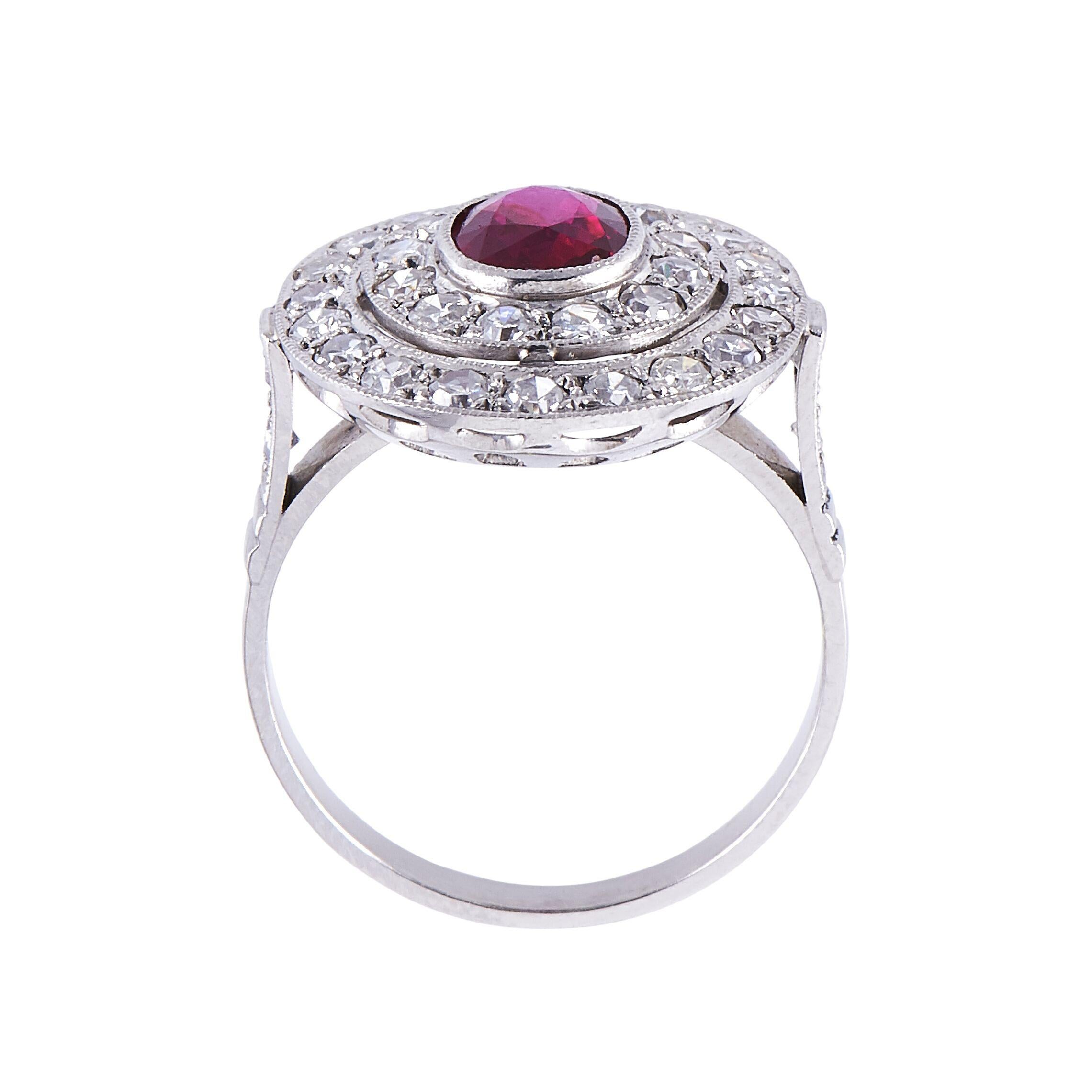 Vintage, Platinum, Rare Natural Burmese Ruby and Diamond Cluster Ring In Excellent Condition For Sale In Rochford, Essex