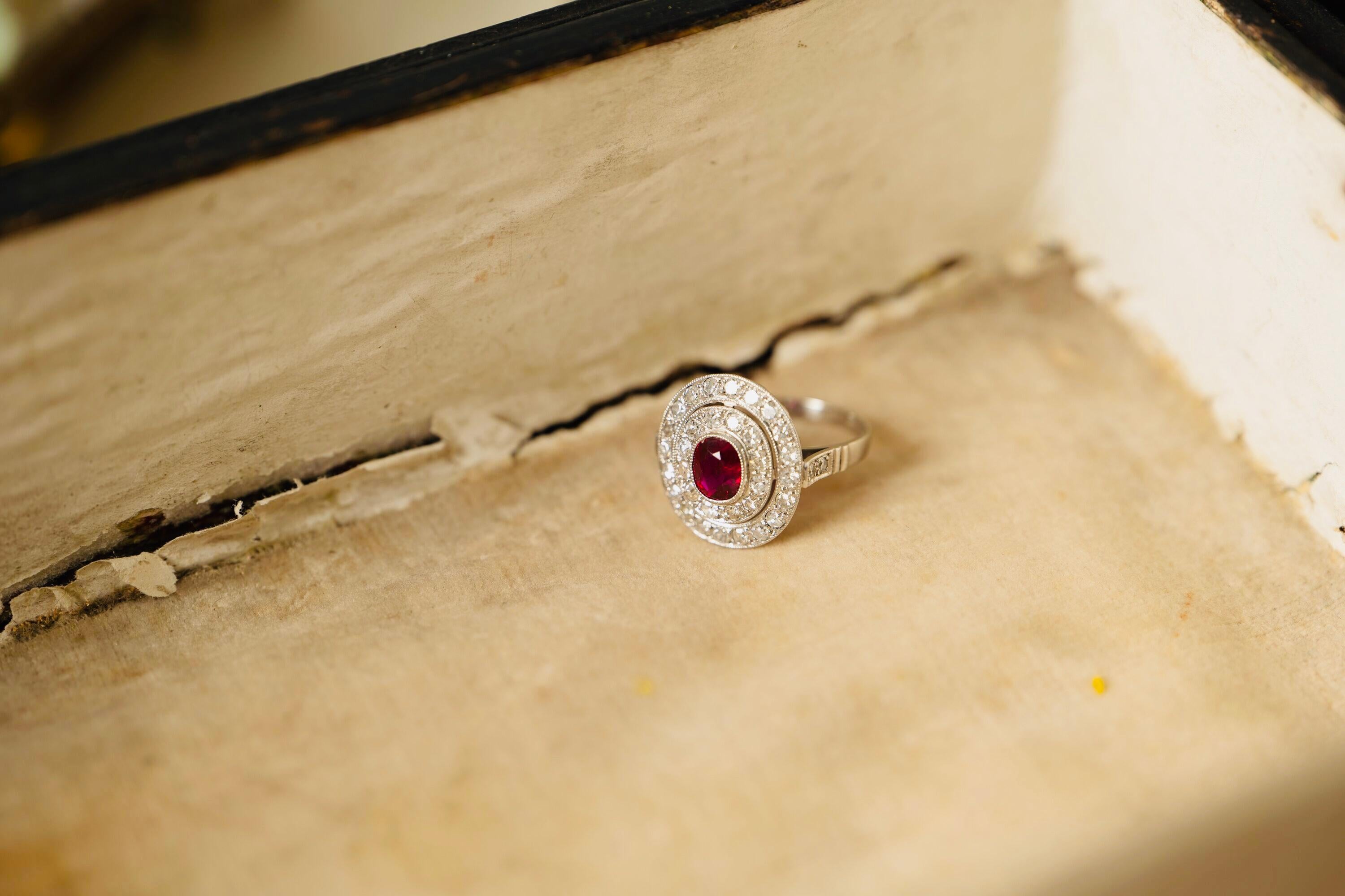 Vintage, Platinum, Rare Natural Burmese Ruby and Diamond Cluster Ring For Sale 3