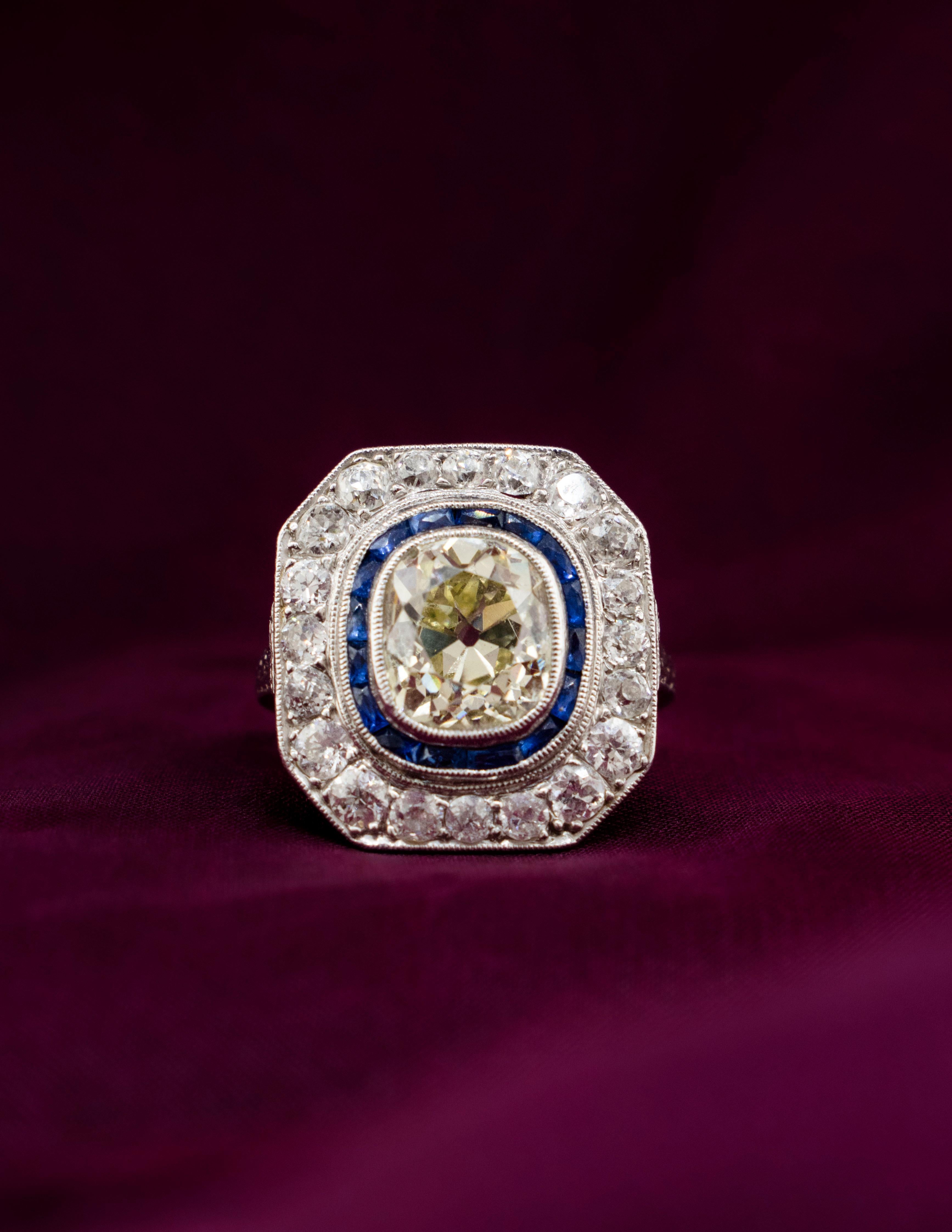 Art Deco Antique Platinum Ring - European Cut 3.22 carat Diamond and Sapphires