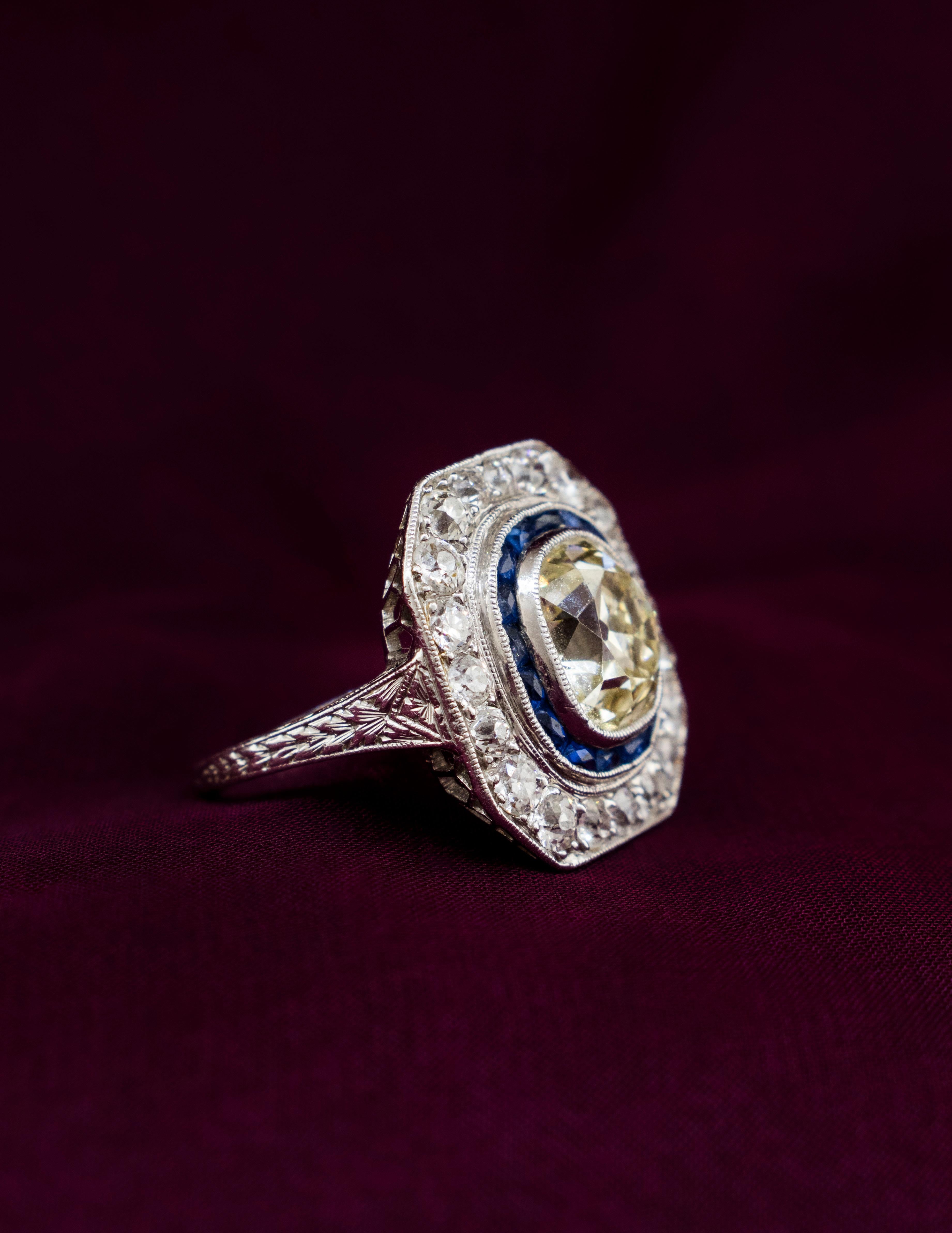 Old European Cut Antique Platinum Ring - European Cut 3.22 carat Diamond and Sapphires