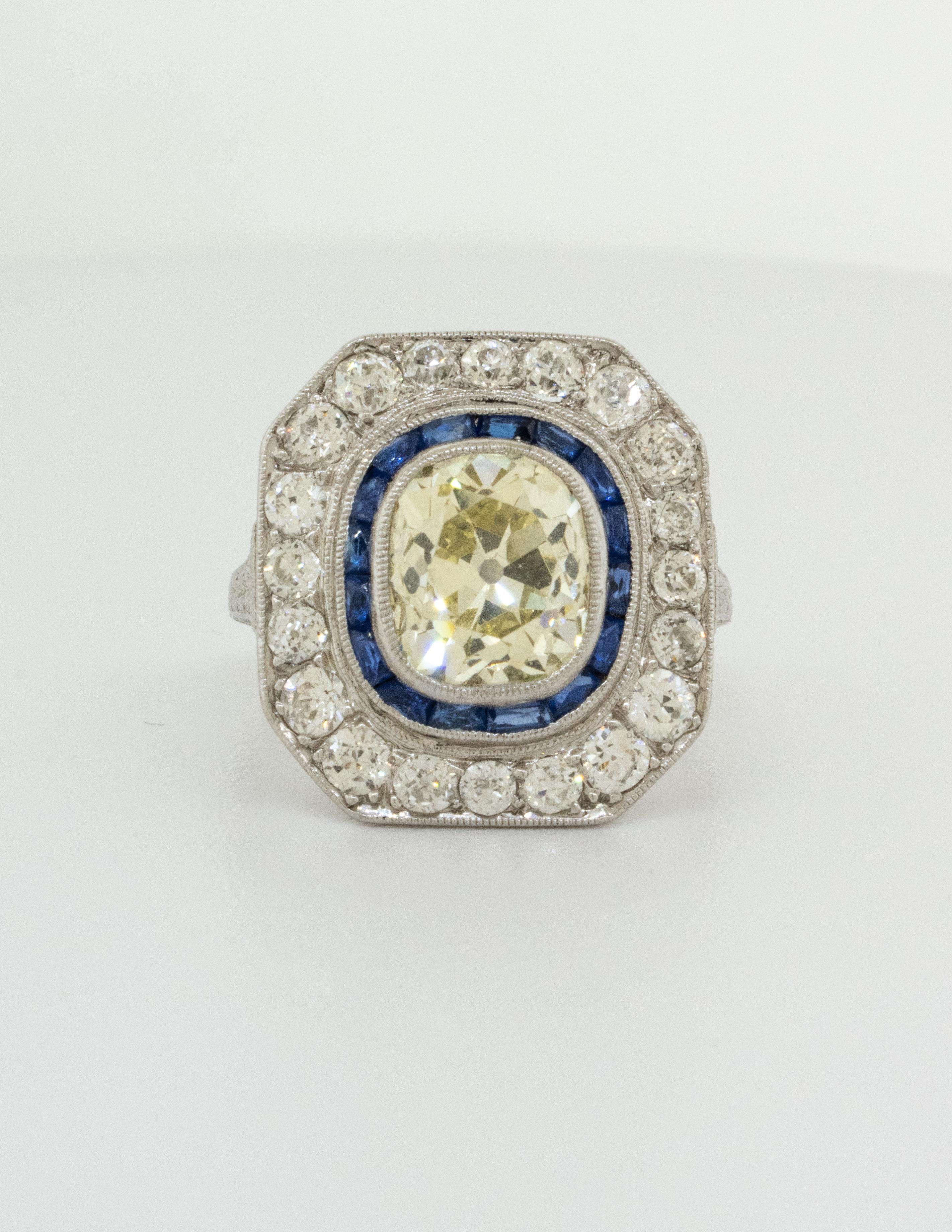 Antique Platinum Ring - European Cut 3.22 carat Diamond and Sapphires In Good Condition In Boone, NC