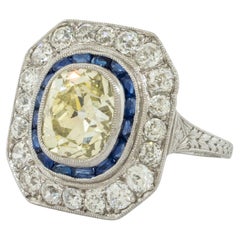 Antique Platinum Ring - European Cut 3.22 carat Diamond and Sapphires