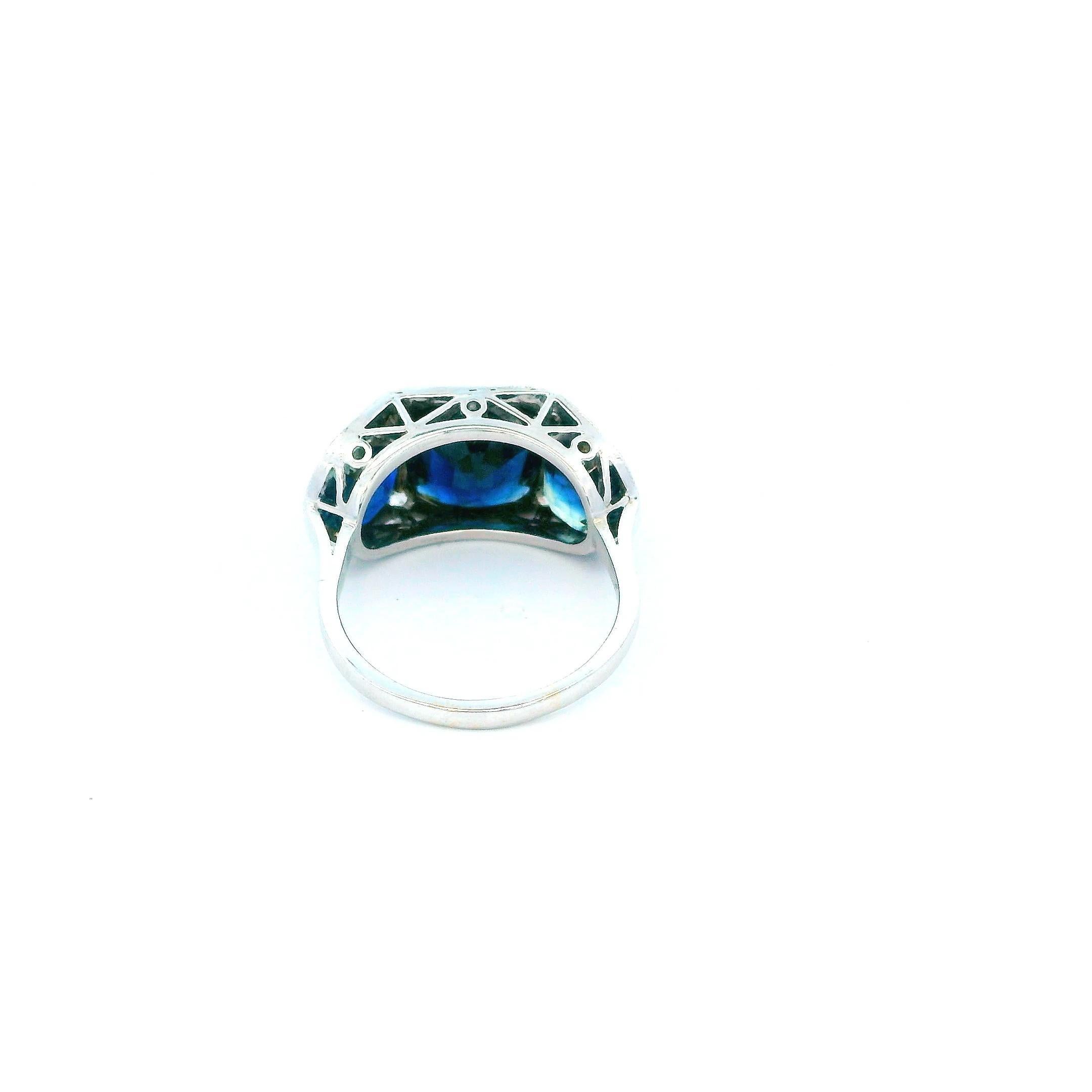 Antique Cushion Cut Antique Platinum Ring W/ 3 Blue Sapphire For Sale