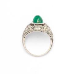 Bague ancienne en platine avec émeraude cabochon naturelle et diamants - Liberty / Art