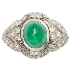 Antique Platinum Ring with Natural Cabochon Emerald and Diamonds – Liberty / Art