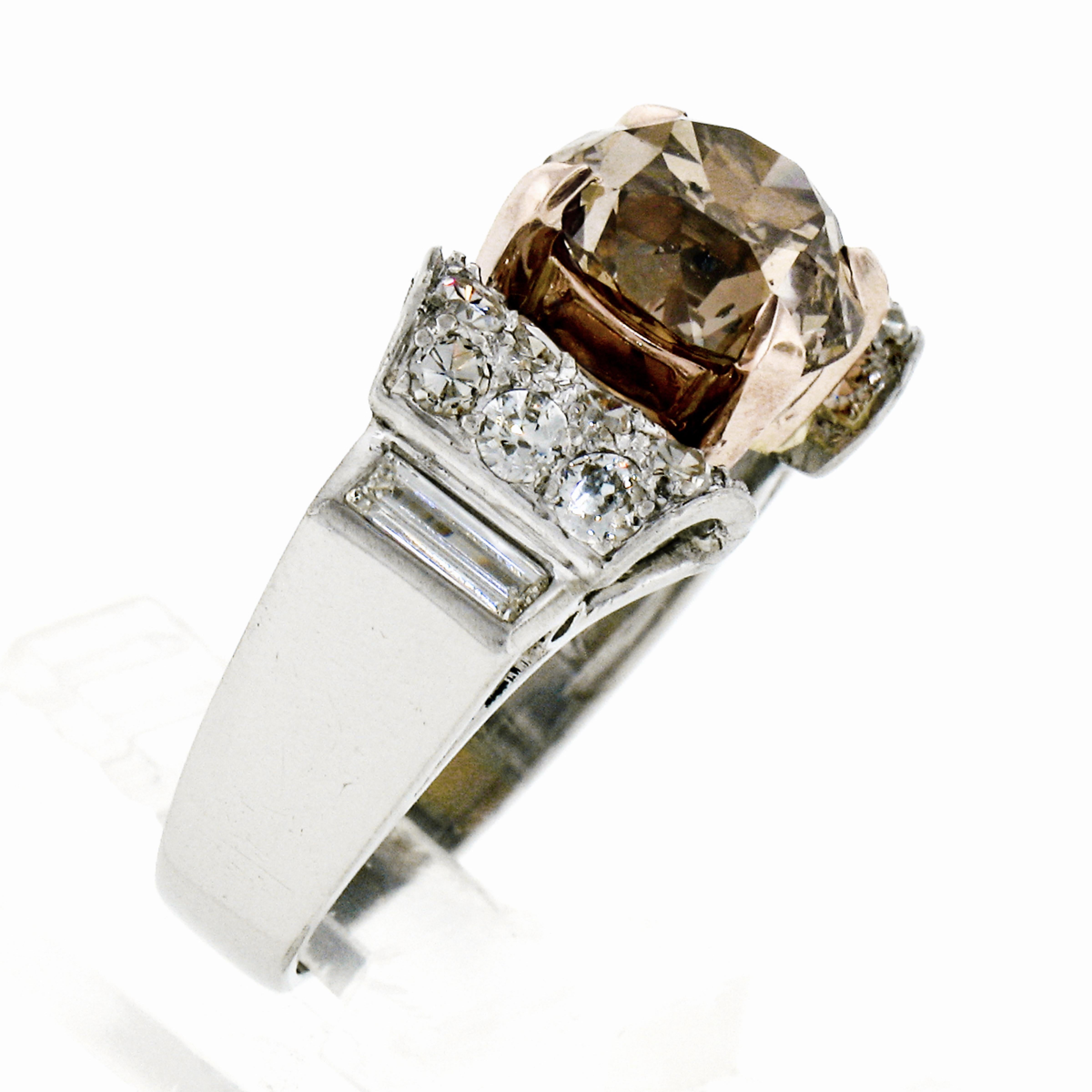 Antique Platinum & Rose Gold GIA Fancy Yellowish Brown Diamond Engagement Ring 4