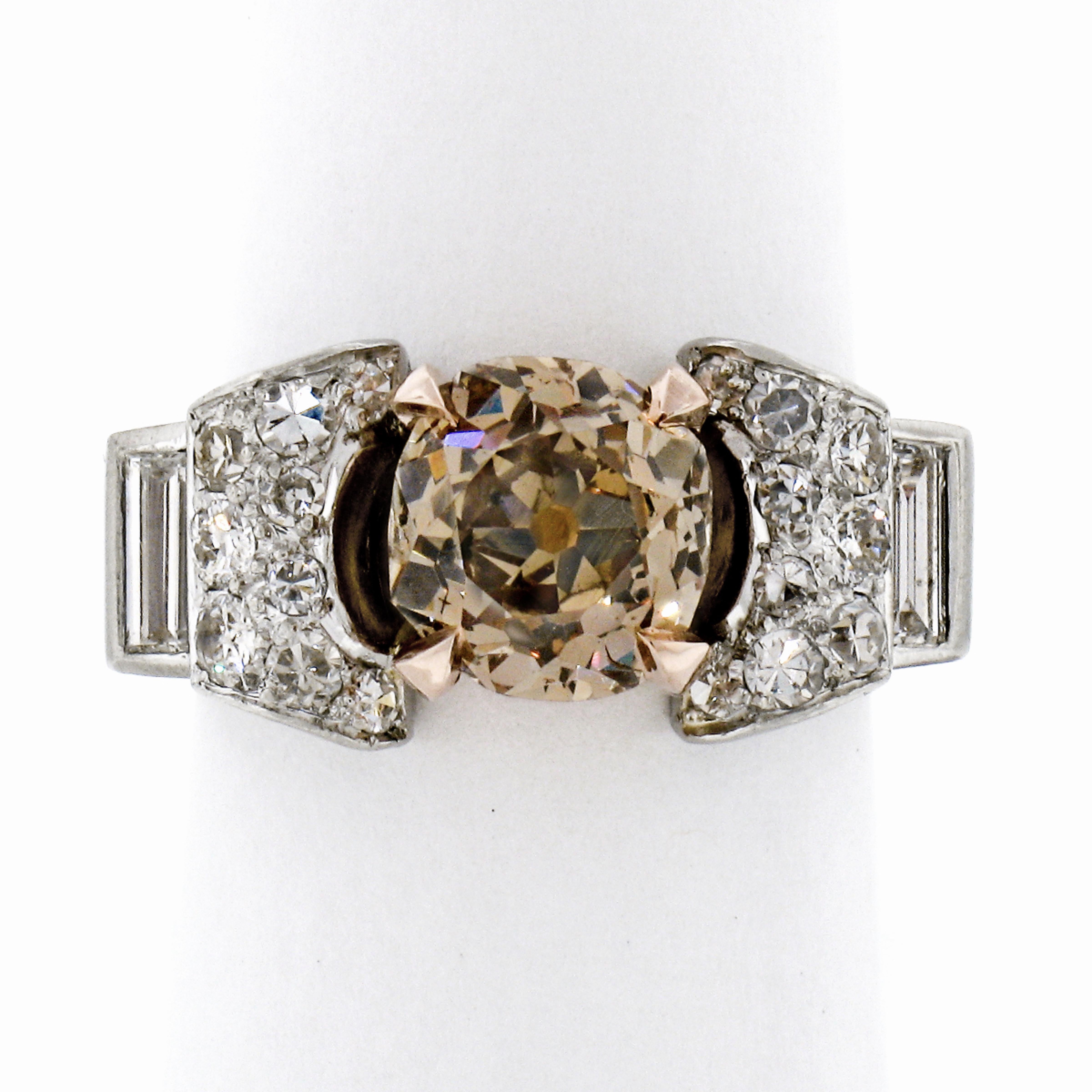 Art Deco Antique Platinum & Rose Gold GIA Fancy Yellowish Brown Diamond Engagement Ring