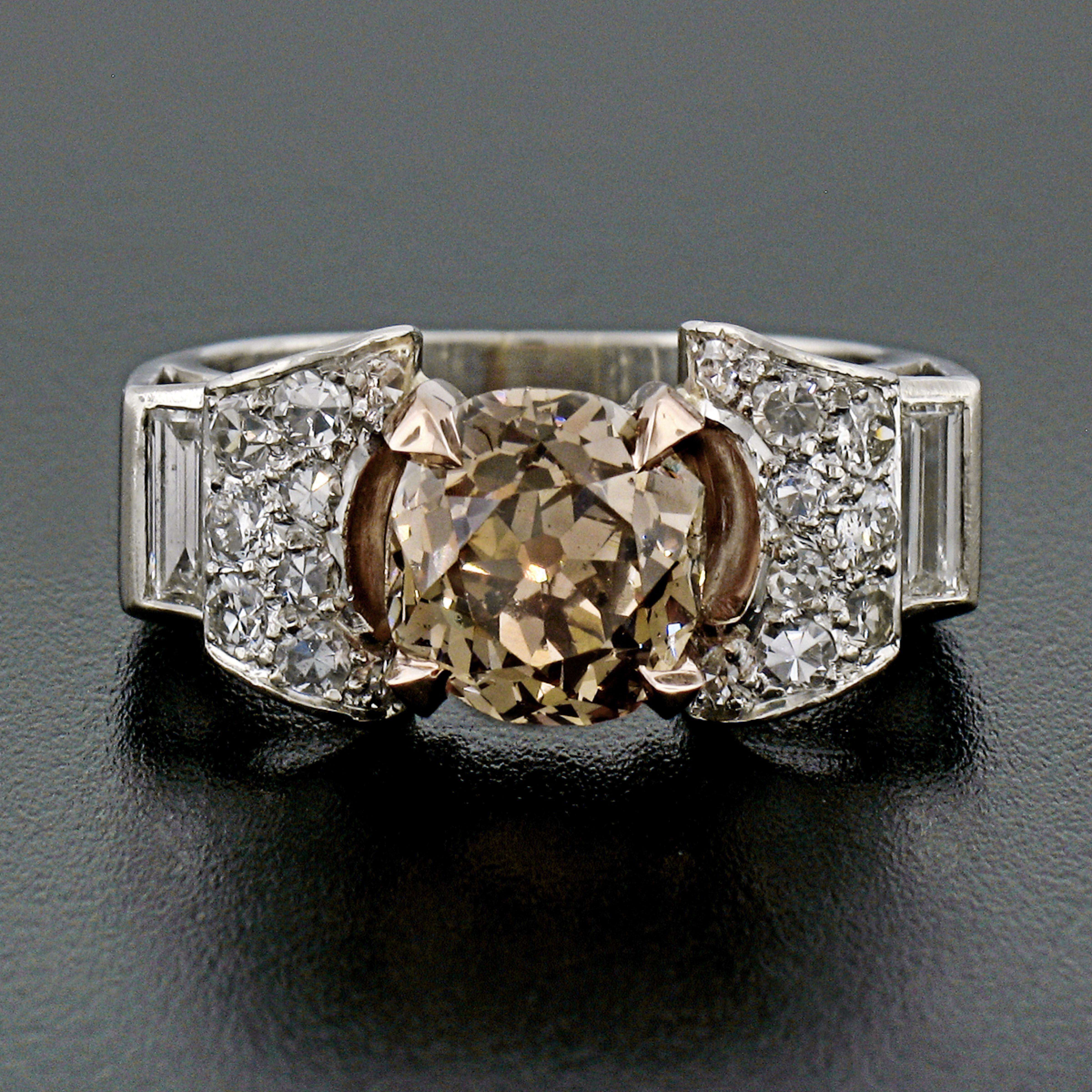 Old Mine Cut Antique Platinum & Rose Gold GIA Fancy Yellowish Brown Diamond Engagement Ring