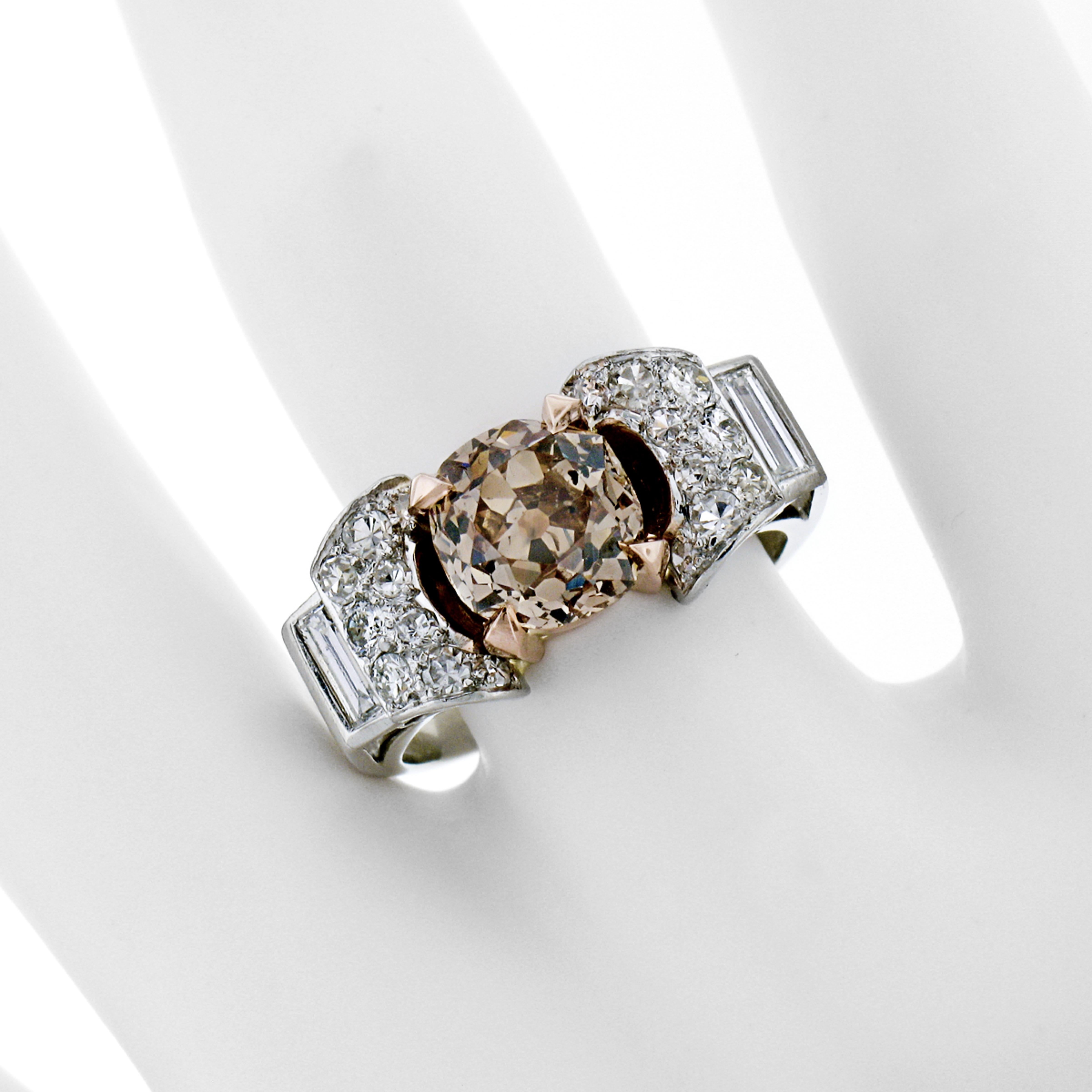 Antique Platinum & Rose Gold GIA Fancy Yellowish Brown Diamond Engagement Ring In Excellent Condition In Montclair, NJ