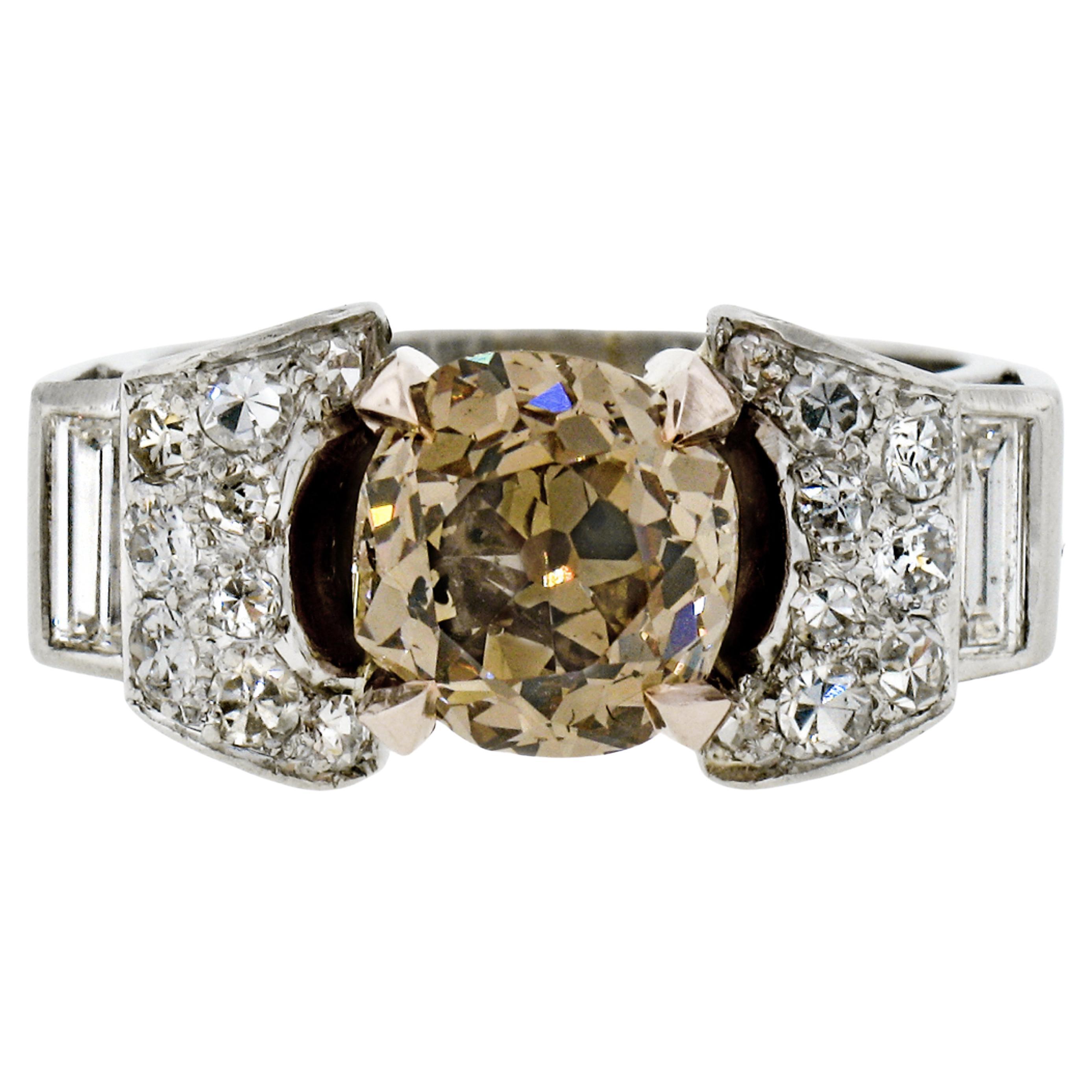 Antique Platinum & Rose Gold GIA Fancy Yellowish Brown Diamond Engagement Ring