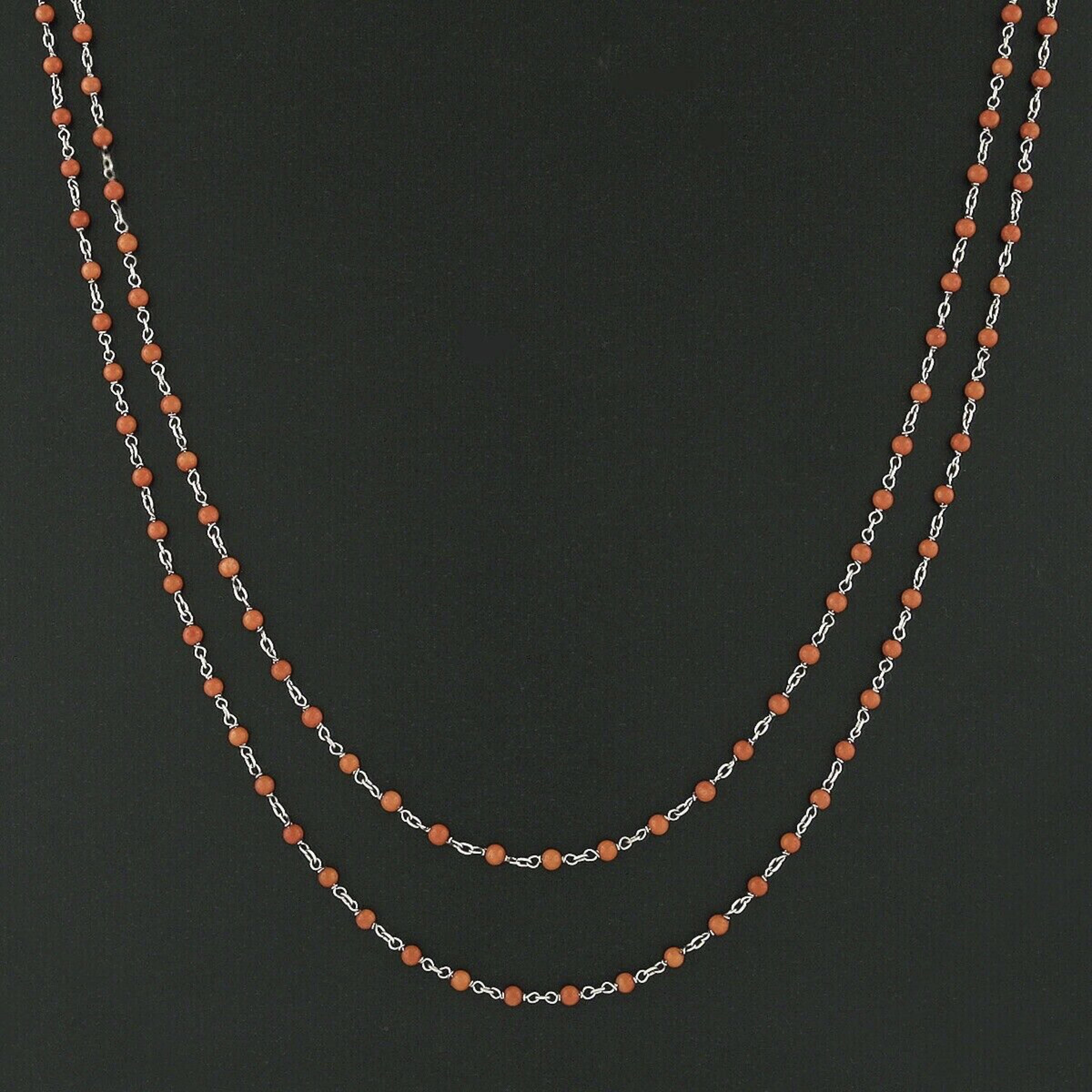 Art Deco Antique Platinum Round Orange Coral Bead Long Wrap Chain Necklace