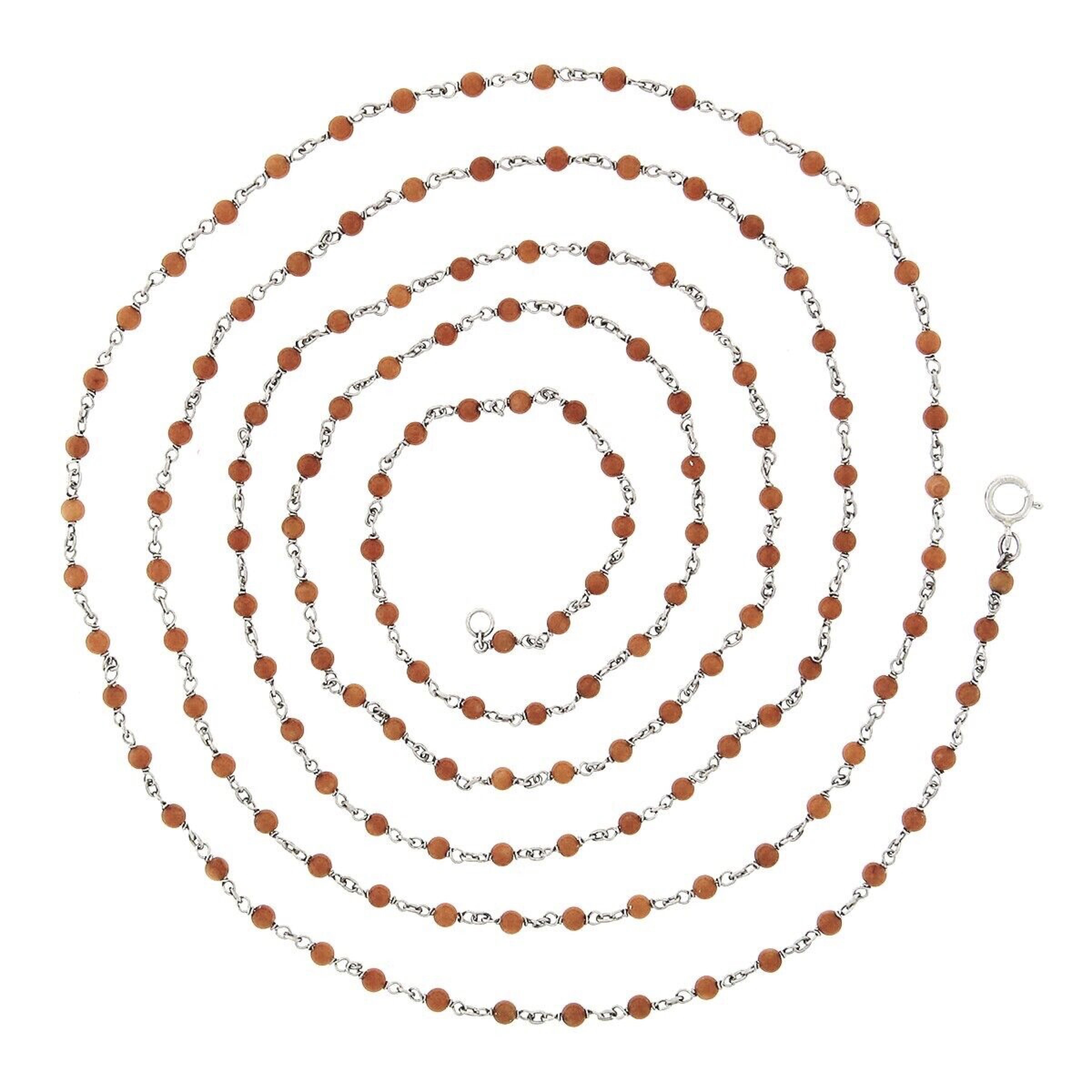 Round Cut Antique Platinum Round Orange Coral Bead Long Wrap Chain Necklace