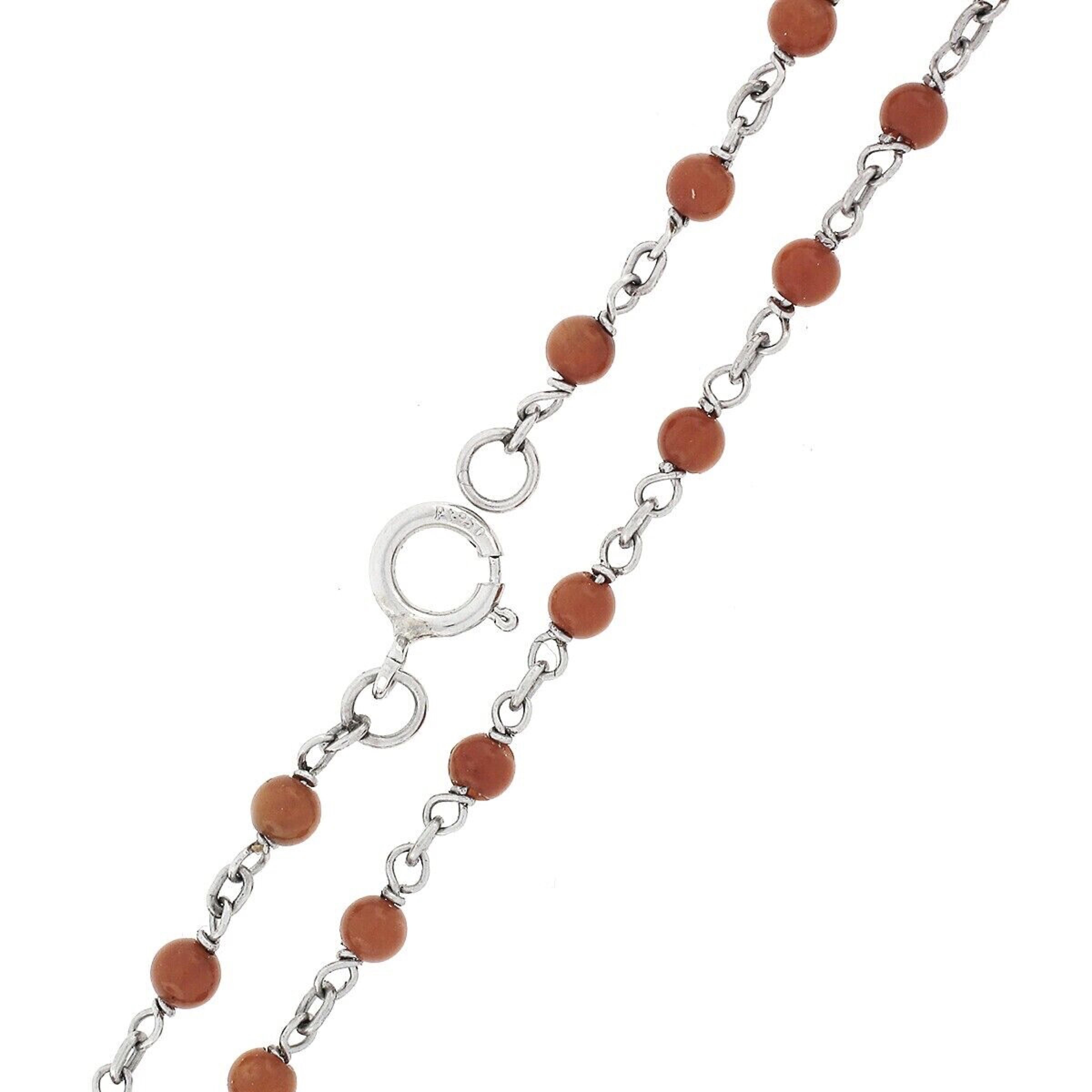 Antique Platinum Round Orange Coral Bead Long Wrap Chain Necklace In Good Condition In Montclair, NJ