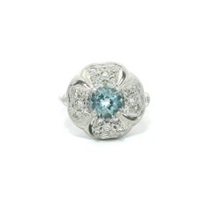 Antique Platinum Round Aquamarine w/ Old Pave Diamond 4 Leaf Clover Ring